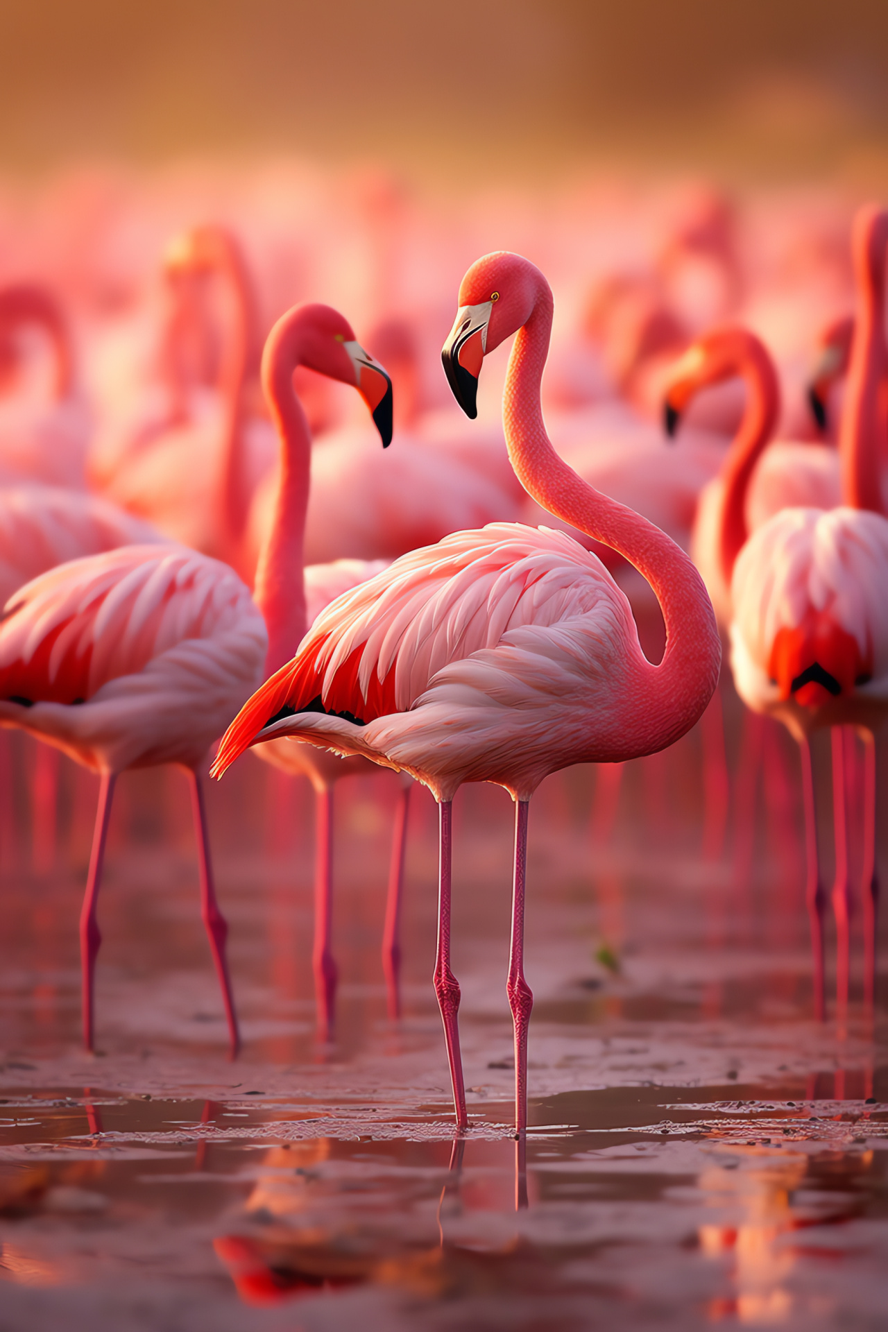 Pink Flamingos, Rosy avifauna, Wading birds curve, Wetland ecosystem, Flamingo color intensity, HD Phone Image
