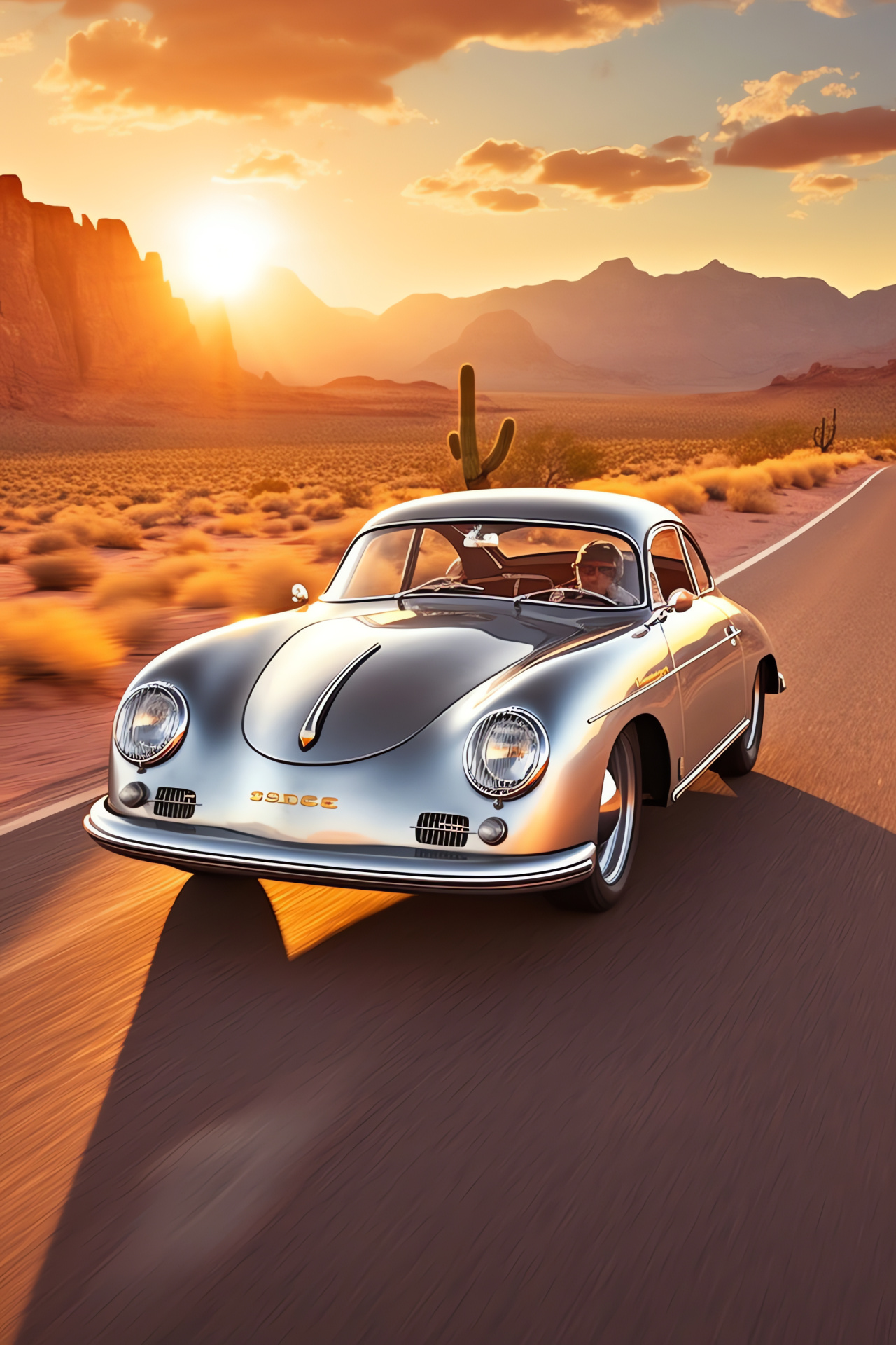 Classic Porsche 356 Coupe, Route 66 adventure, Arizona desert setting, Shining silver coat, HD Phone Image