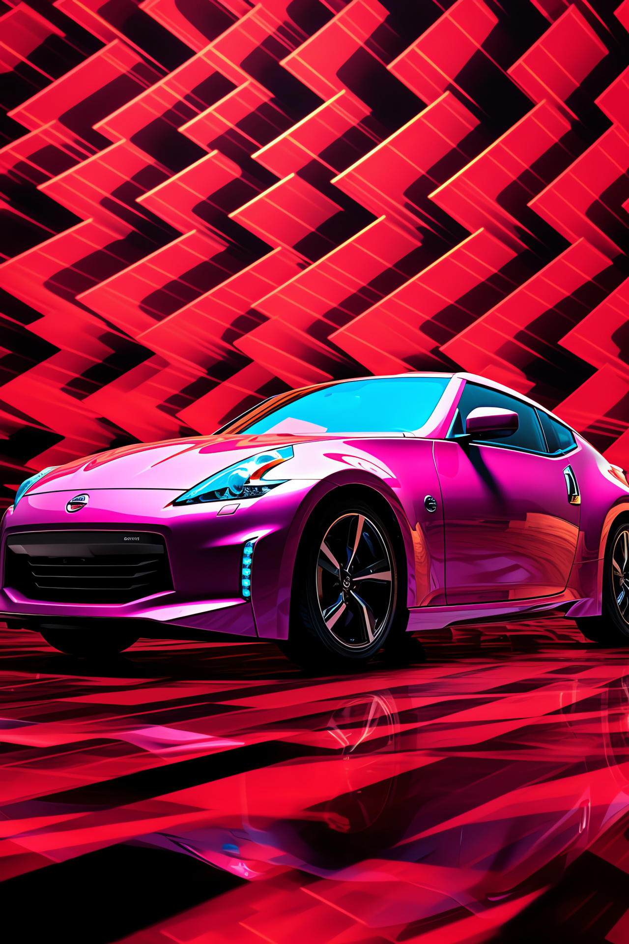 Nissan 370Z red, bold abstract art, performance car pattern, eye-catching automotive display, sharp design lines, HD Phone Image