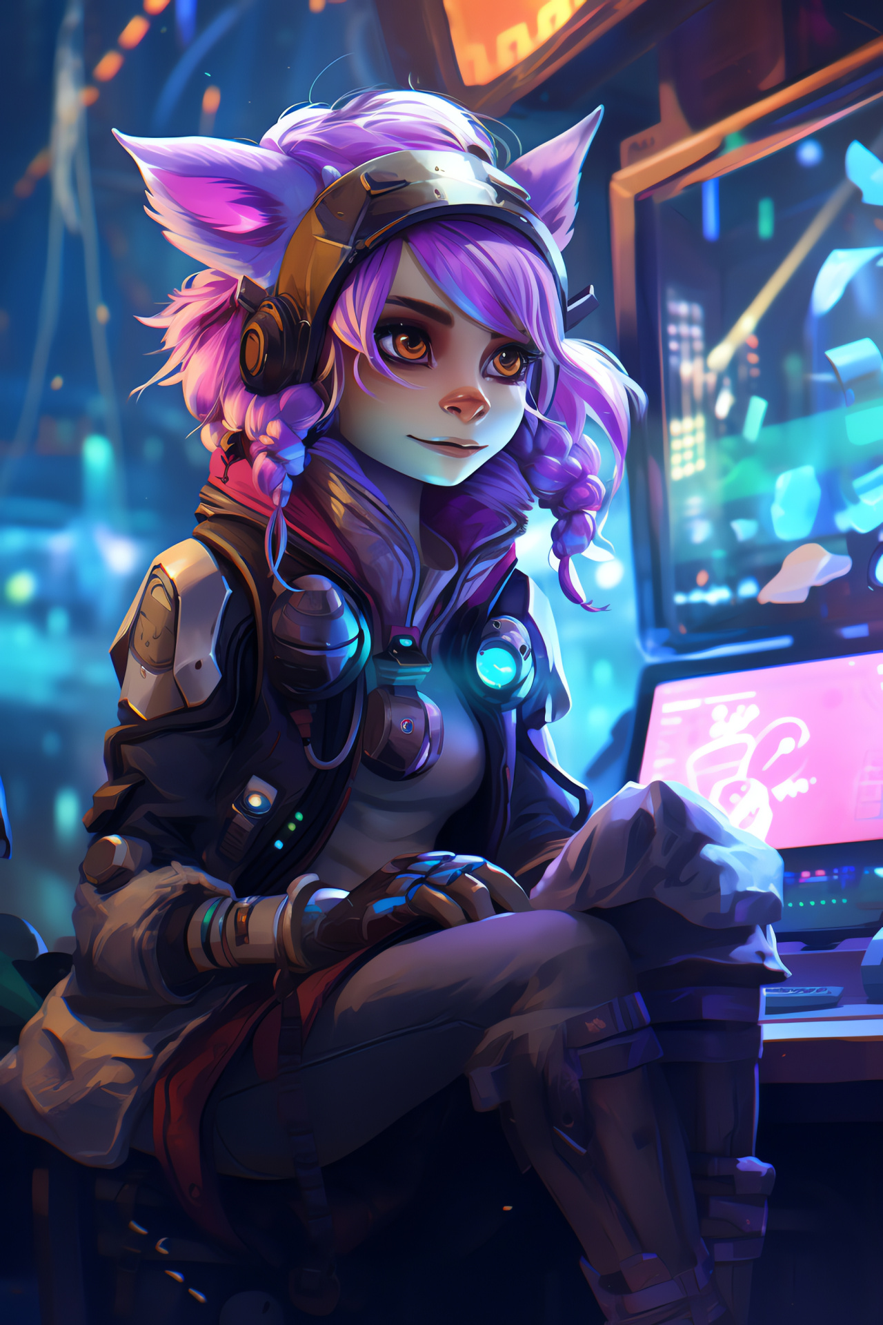 Champion Tristana, Armed Yordle, Modern Internet caf ambiance, Luminous decor, Interactive screen technology, HD Phone Wallpaper