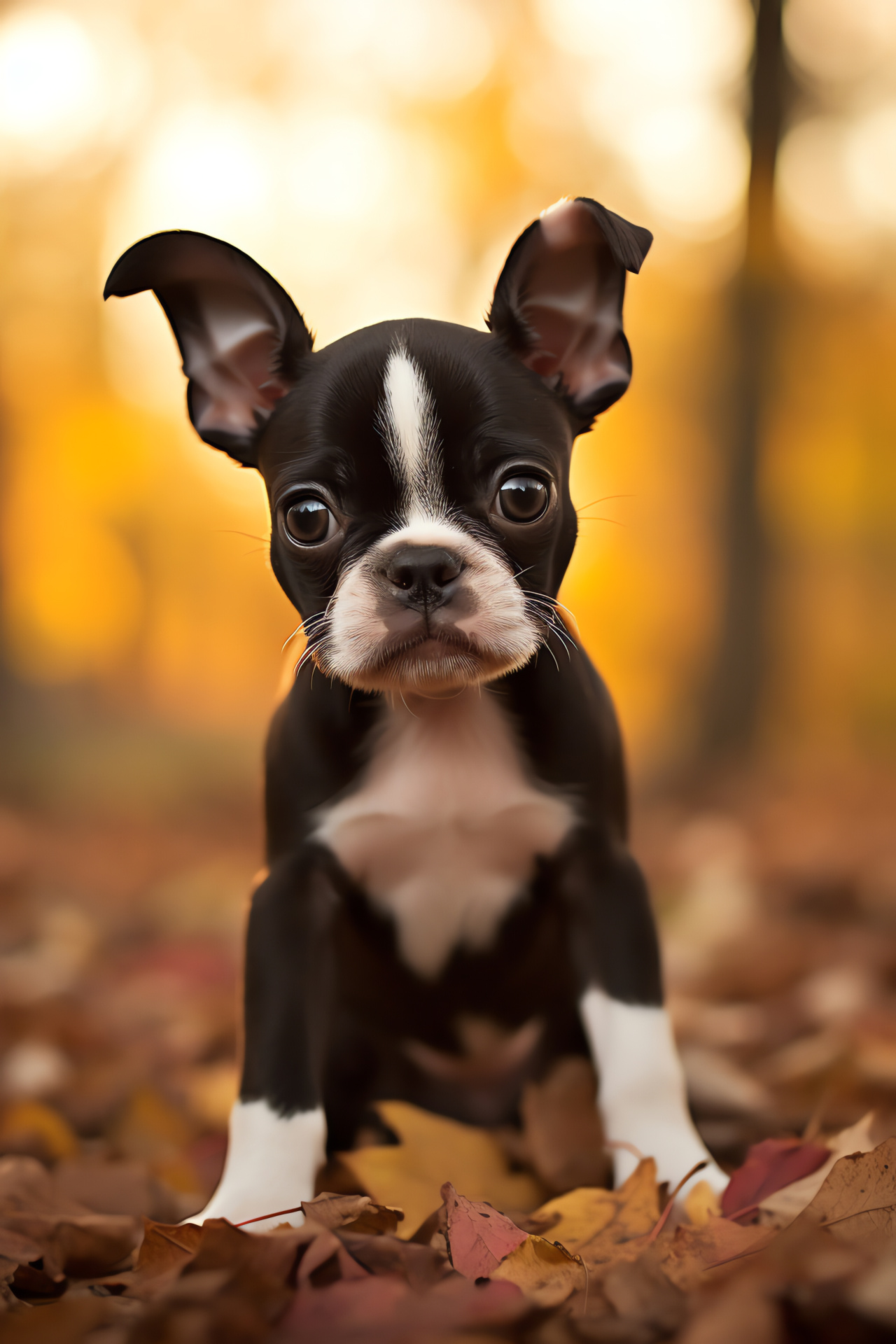 Miniature Boston Terrier companion, Charcoal and ivory fur, Compact breed features, Satin-smooth coat, Puppy appearance, HD Phone Image