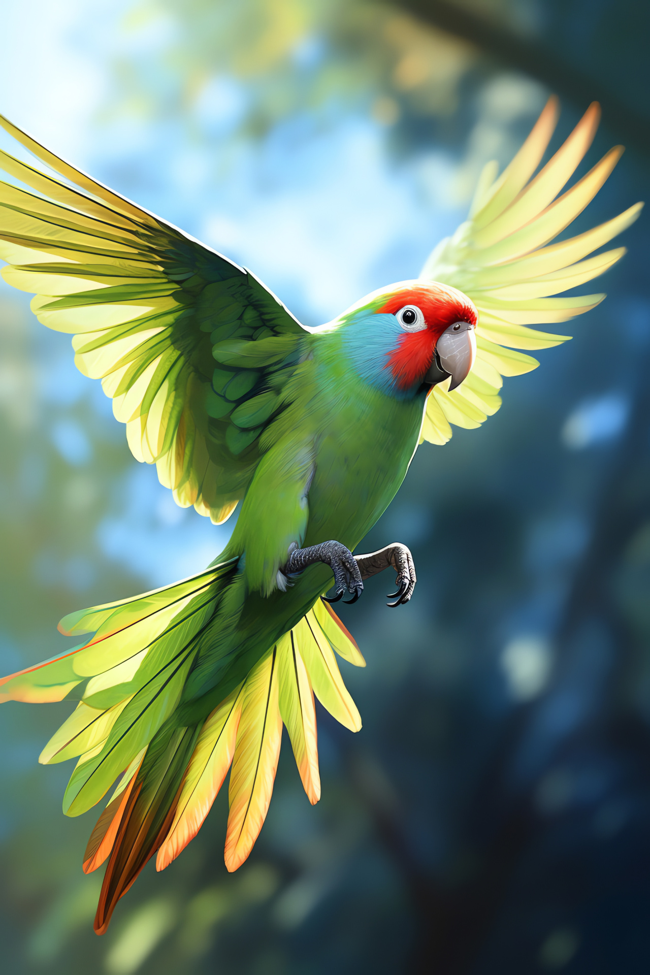 Green Parakeet, a ruby bill, flight feathers, aviary life, sunbeam bath, HD Phone Wallpaper