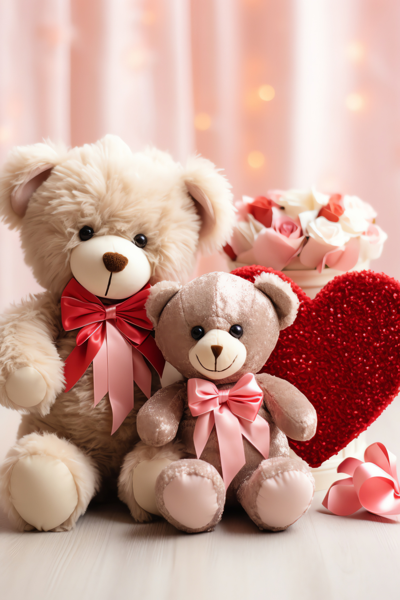 Valentine's cuddly friends, teddy and rabbit love, plush companionship, animal toy for Saint Valentine's, heart-themed soft accessory, HD Phone Wallpaper