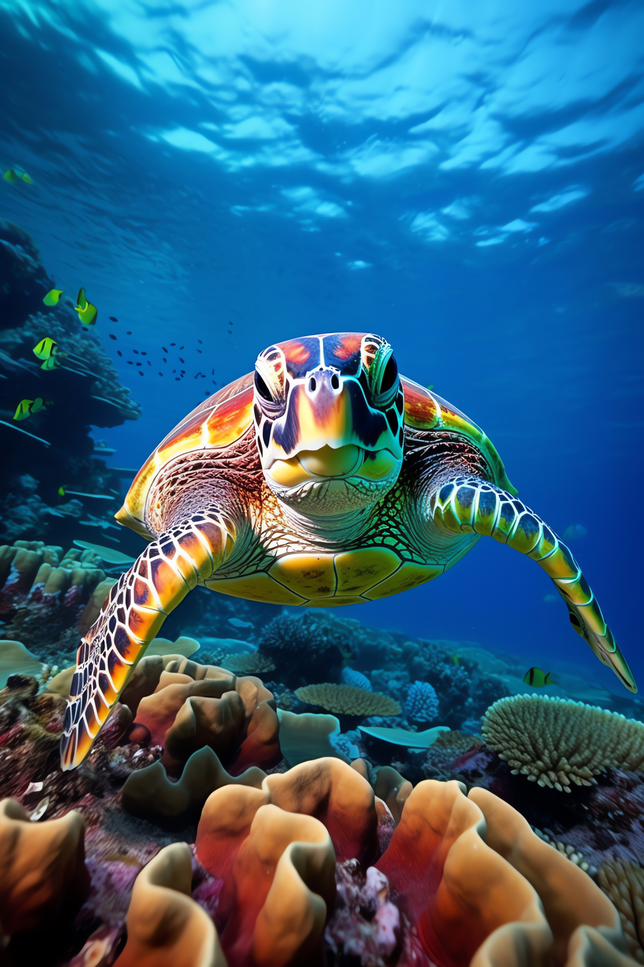 Sea turtle, Oceanic shell, Coral habitat, Underwater fauna, Marine animal, HD Phone Image