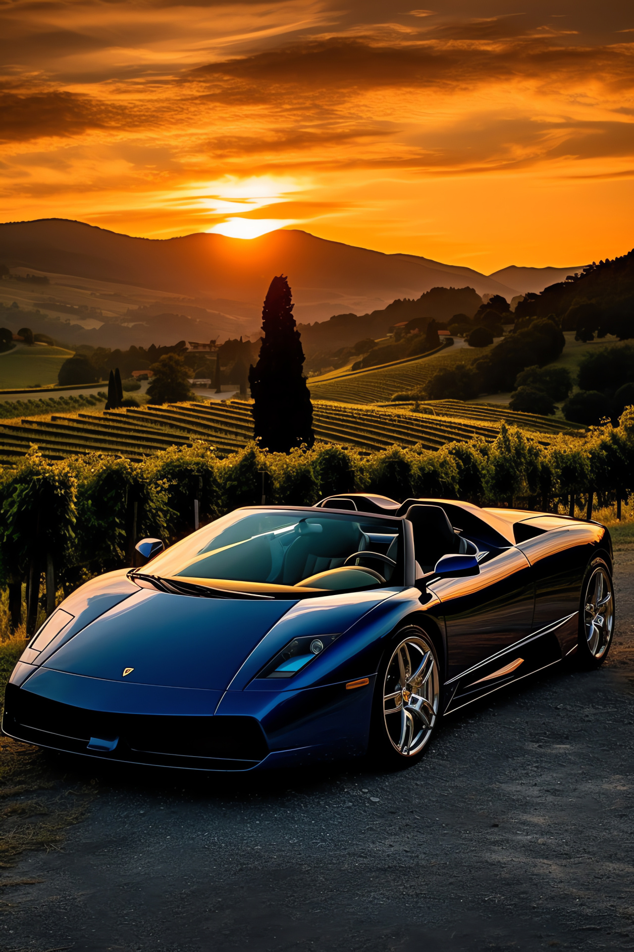 Tuscany Lamborghini Murcielago, Barchetta open-top, Metallic blue gleam, Italian design splendor, Countryside driving experience, HD Phone Image