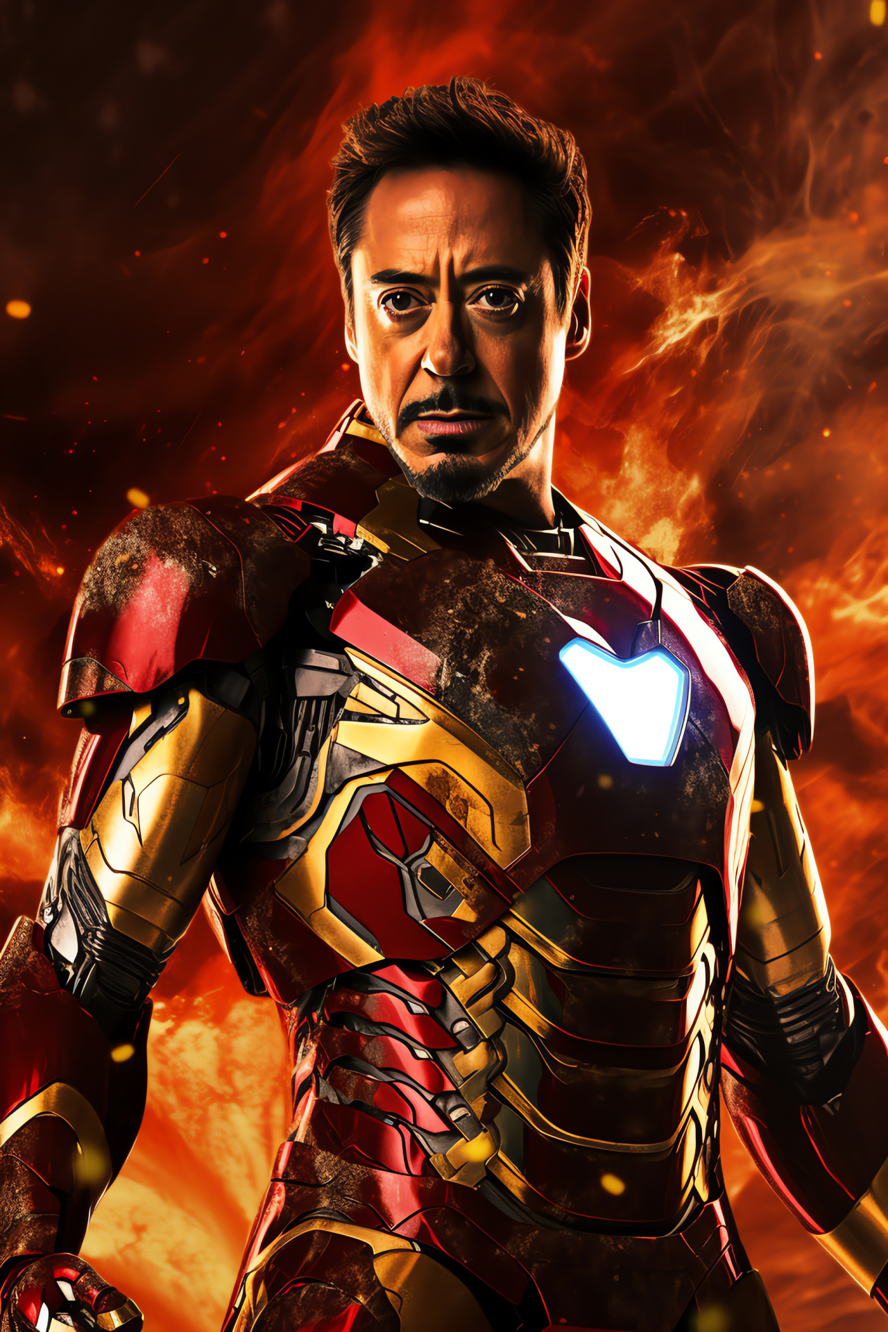 Robert Downey Jr as Iron Man, armored superhero, iconic suit design, cinematic gold, Marvel character, HD Phone Image