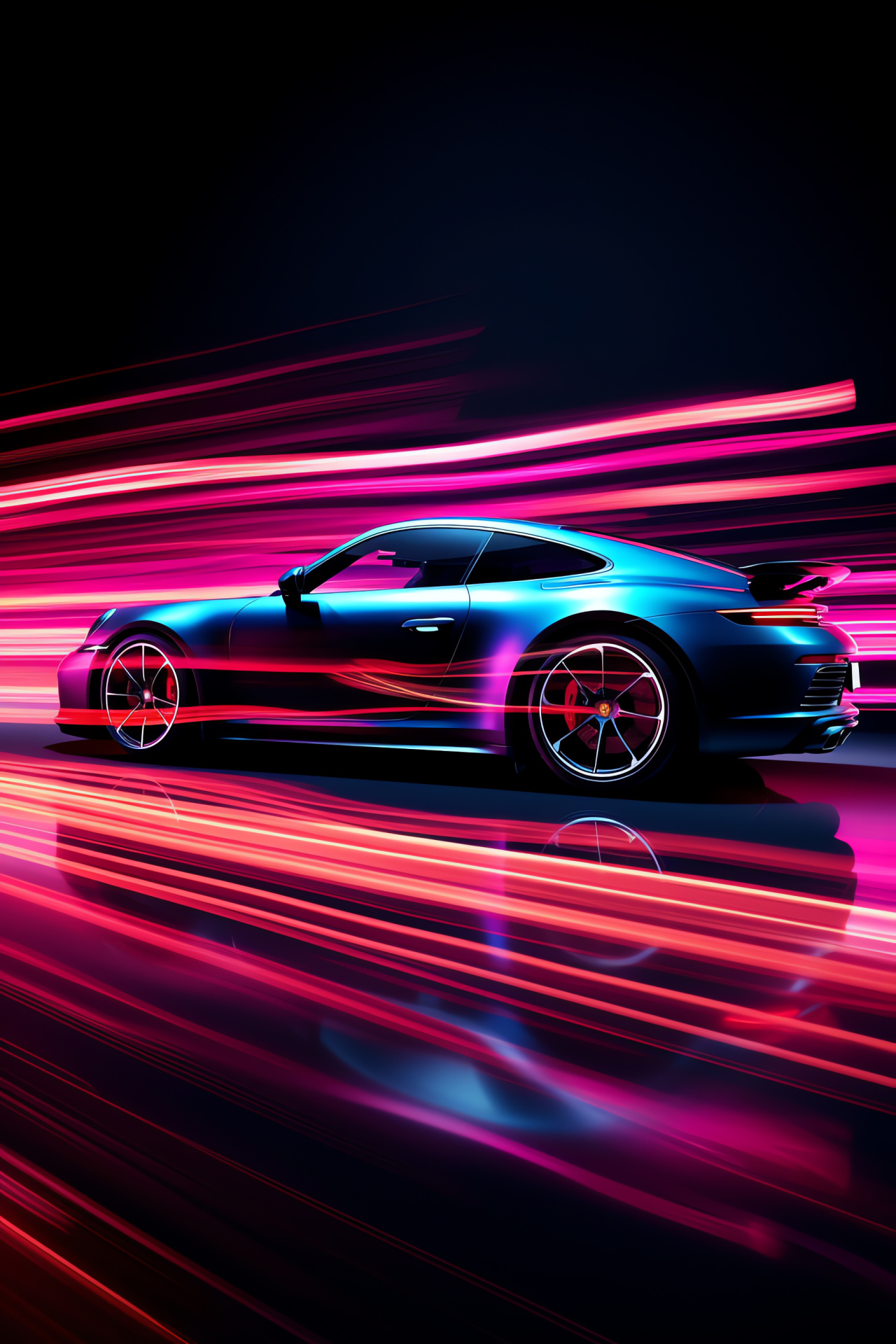 Porsche 911 representation, dynamic swirling backdrop, sleek sports profile, engineered aerodynamics, enticing visual effects, HD Phone Image