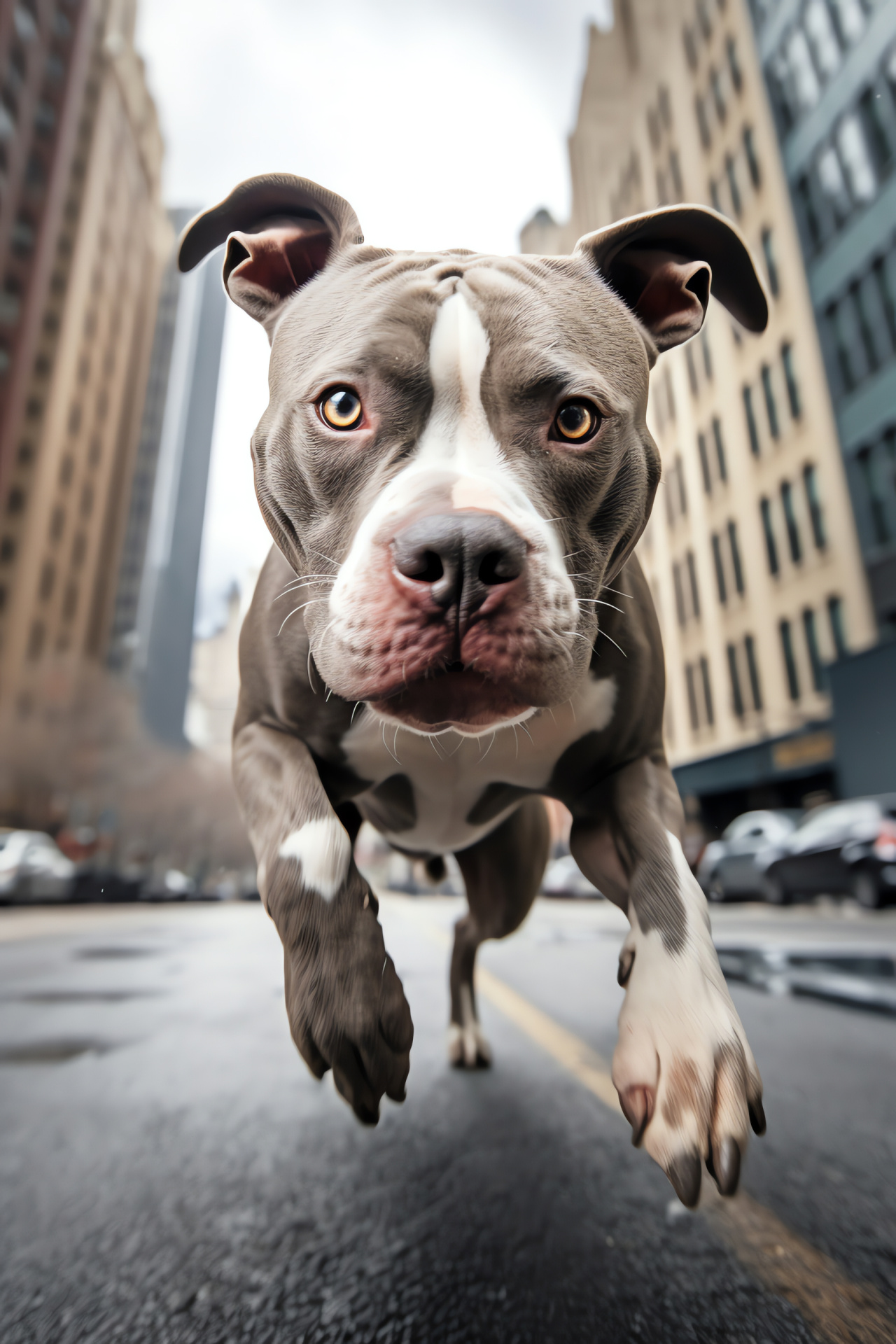 Urban Pitbull, Canine Athleticism, Inner City Pet, Silver Coat Dog, Streetwise Pose, HD Phone Image