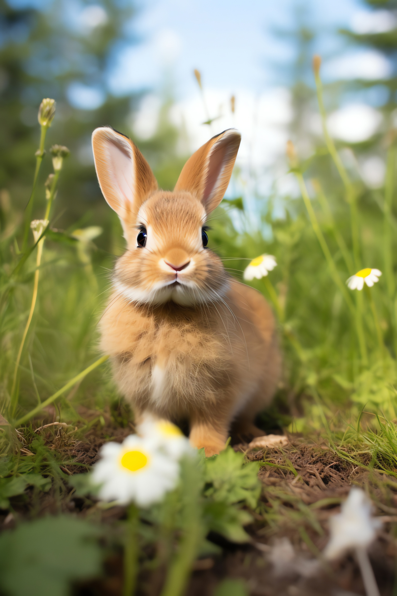 Wild rabbit in habitat, meadow wildlife, mammal eye detail, fur texture close-up, nature scene, HD Phone Wallpaper