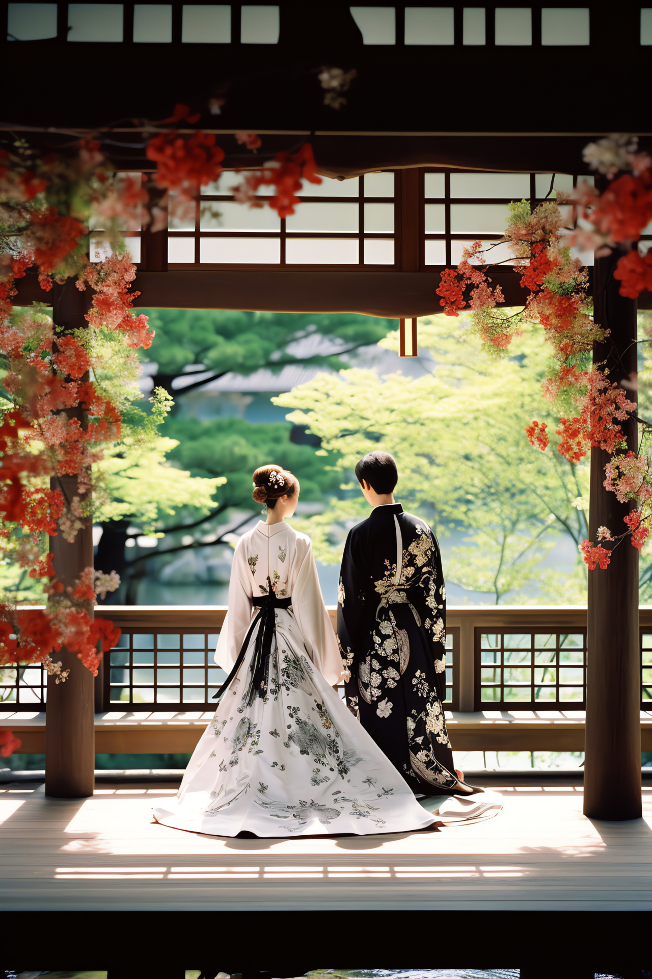 Traditional Japanese nuptials, serene garden locale, ceremonial elegance, tranquil bride, cultural celebration, HD Phone Wallpaper