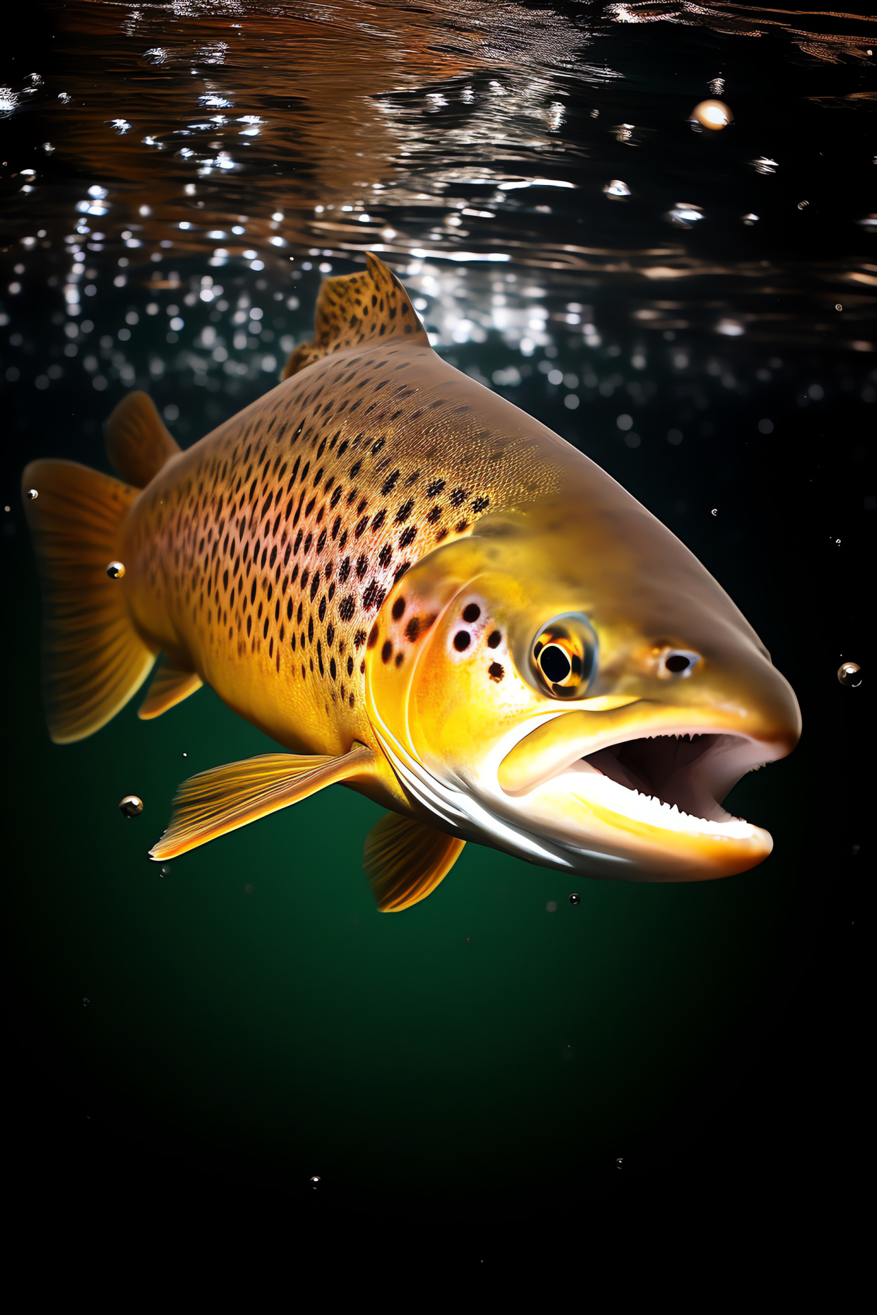 Brown trout swimming, Earth-toned fish scales, Freshwater fish motion, Natural habitat view, Fish in environment, HD Phone Image