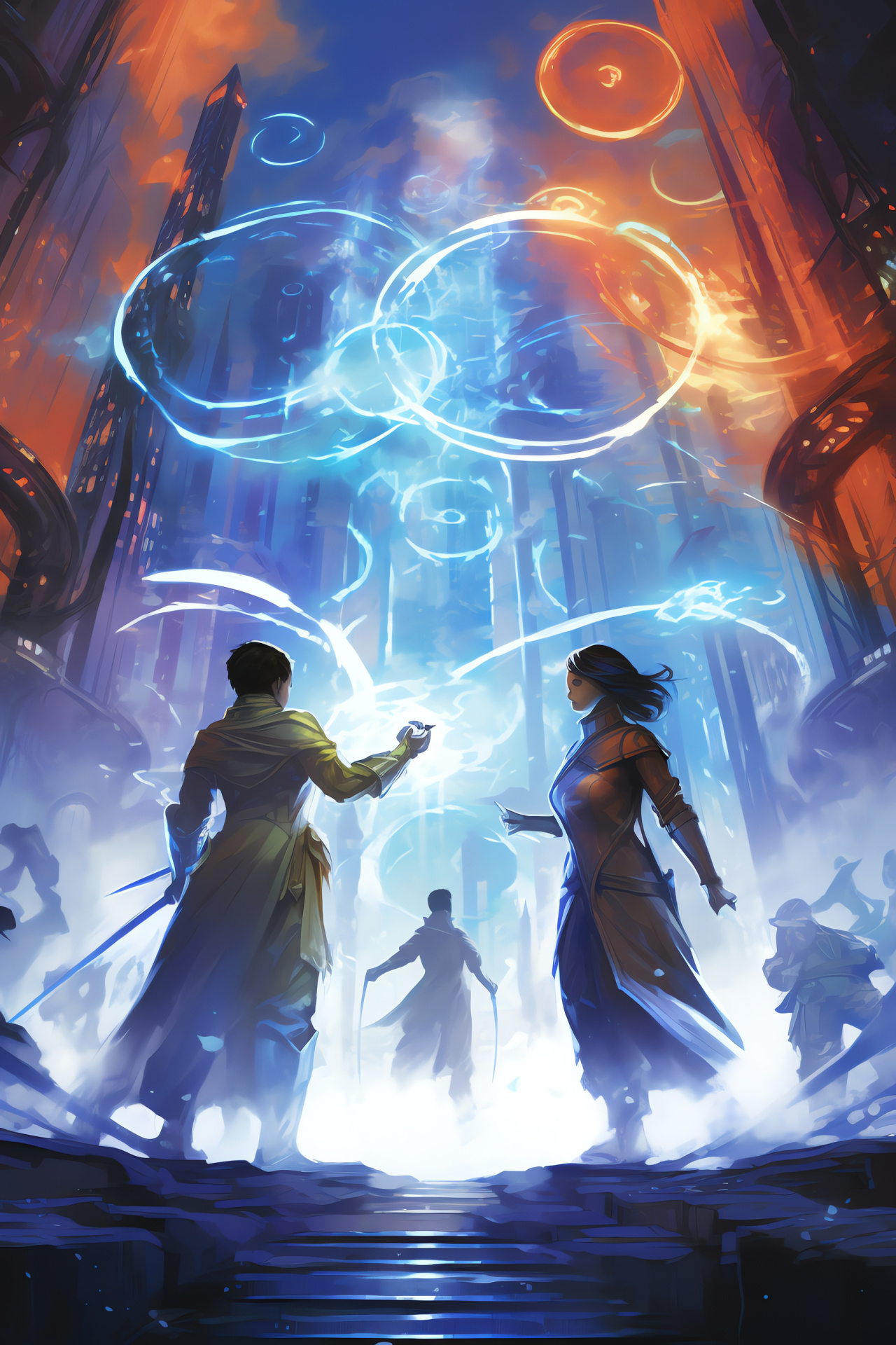 Planeswalkers confluence, Ethereal metropolis, MTG gaming universe, Collective icons, Fantasy beings, HD Phone Image