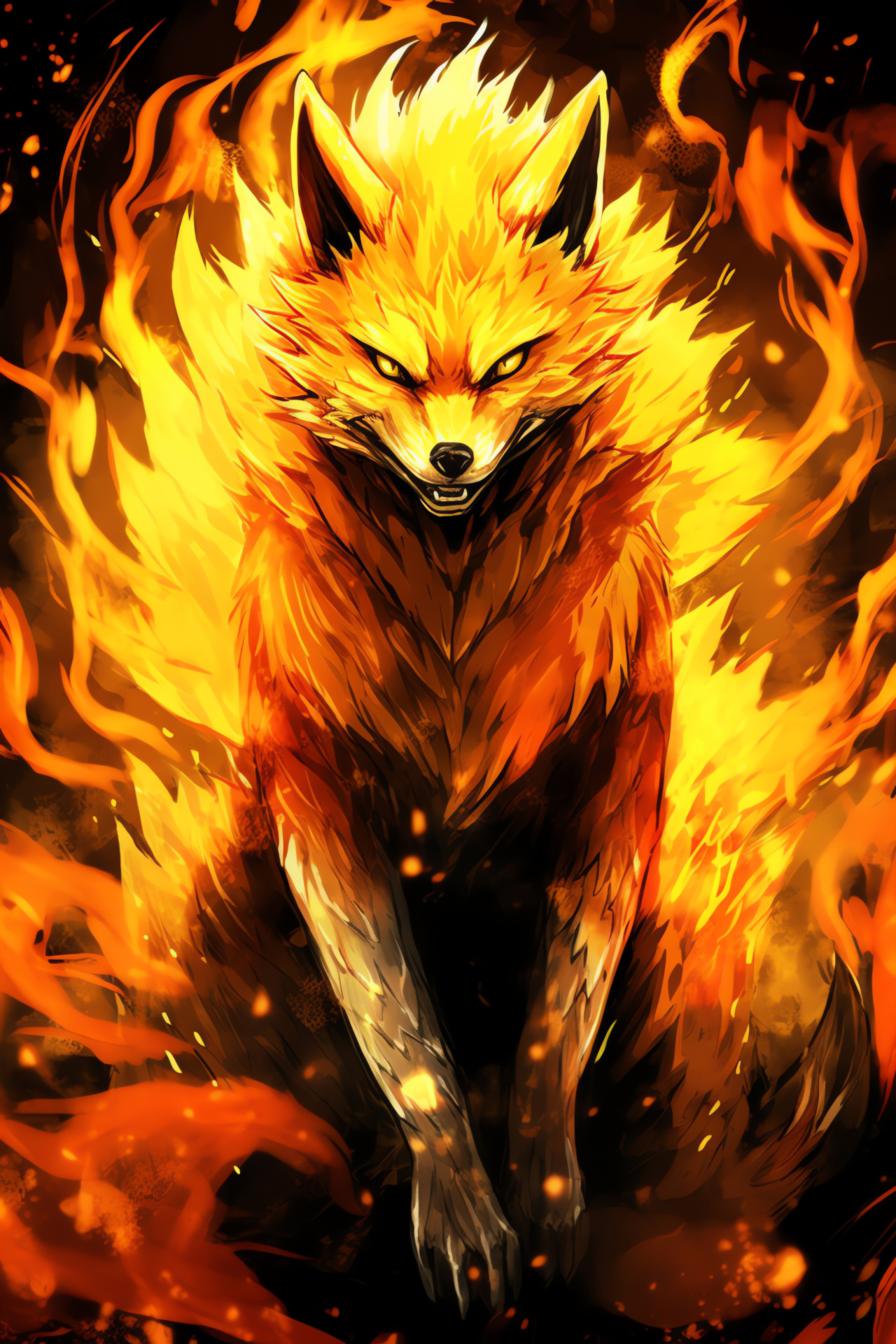 Naruto's Jinchuriki form, Nine-Tailed Guardian, Amber-eyed spirit, Furtive fur appearance, Guiding Chakra power, HD Phone Image