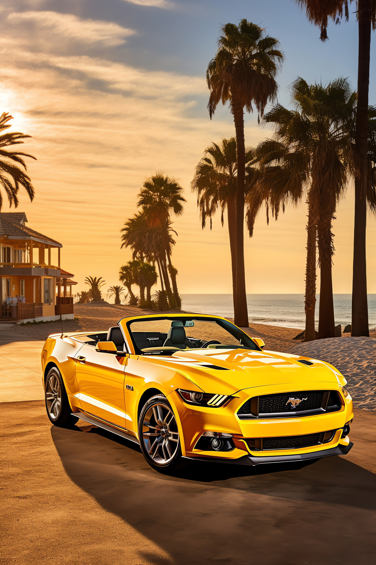 California convertible, Beachside roads, Sandy shores, Iconic mustang, Relaxed vibes, HD Phone Wallpaper