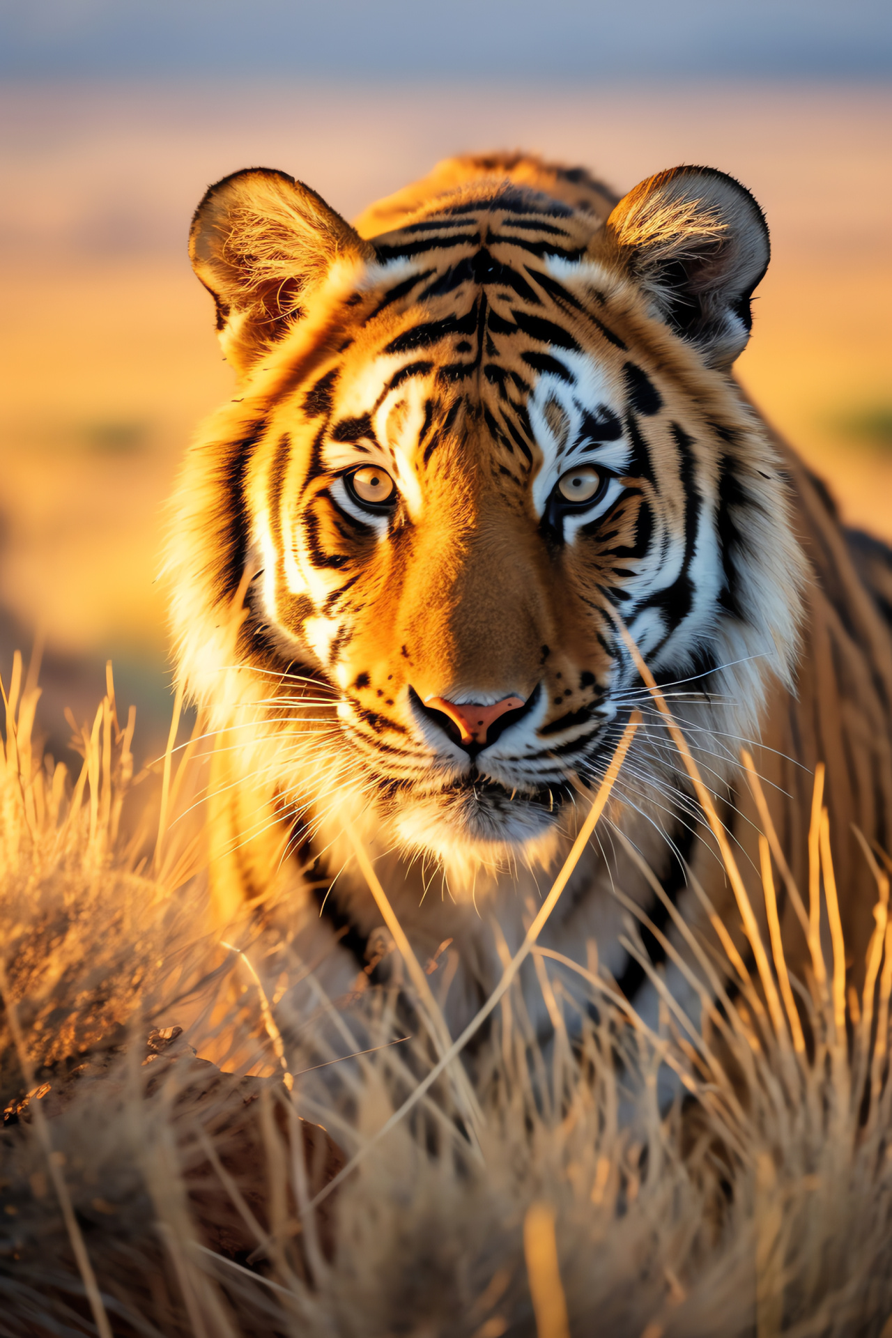 Tiger wildlife, African savanna ecosystem, Predator close proximity, Feline intense stare, Savanna gold grass, HD Phone Wallpaper