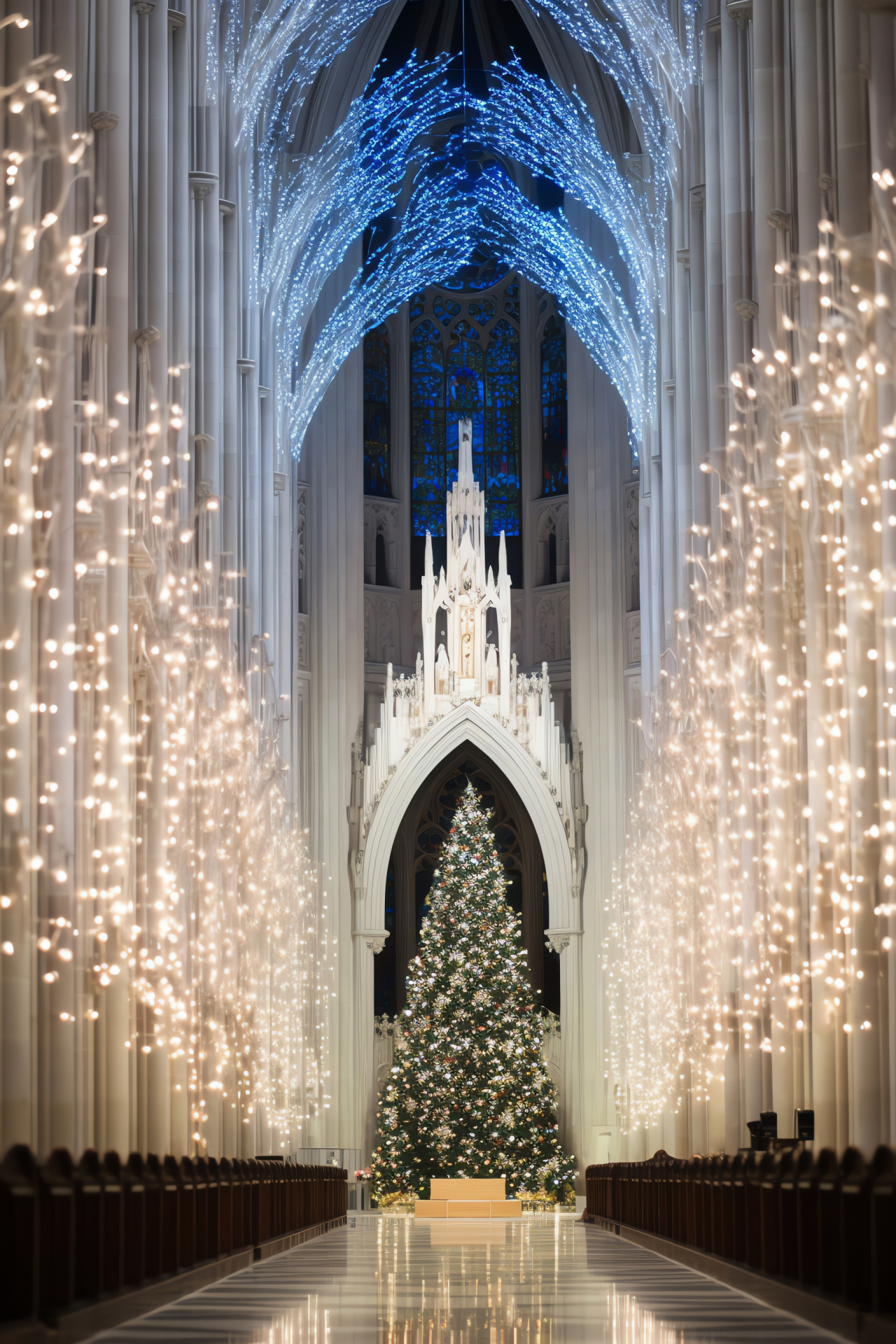 Sacred white illumination, majestic ecclesiastical structure, lofty stone columns, transcendental radiance, ornate stained glass, HD Phone Wallpaper