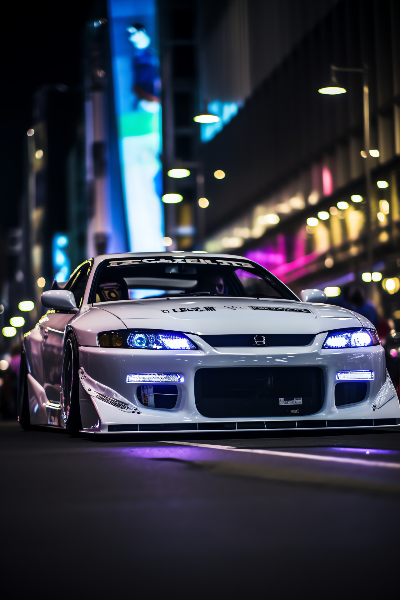 S15 Silvia automobile, Shibuya district, white headlights, illuminated neon, Japan nightlife, HD Phone Wallpaper