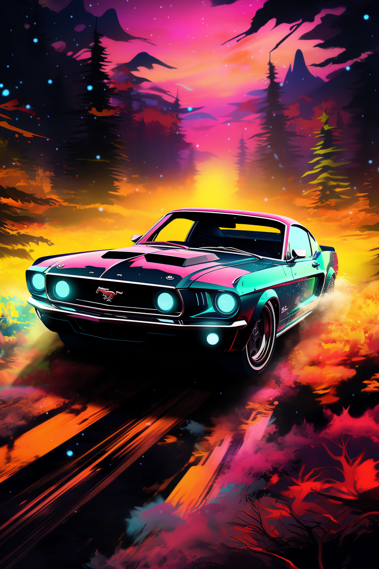 Mustang details, Psychedelic visuals, Creative auto art, Automotive close-up, Cyberdelic theme, HD Phone Wallpaper