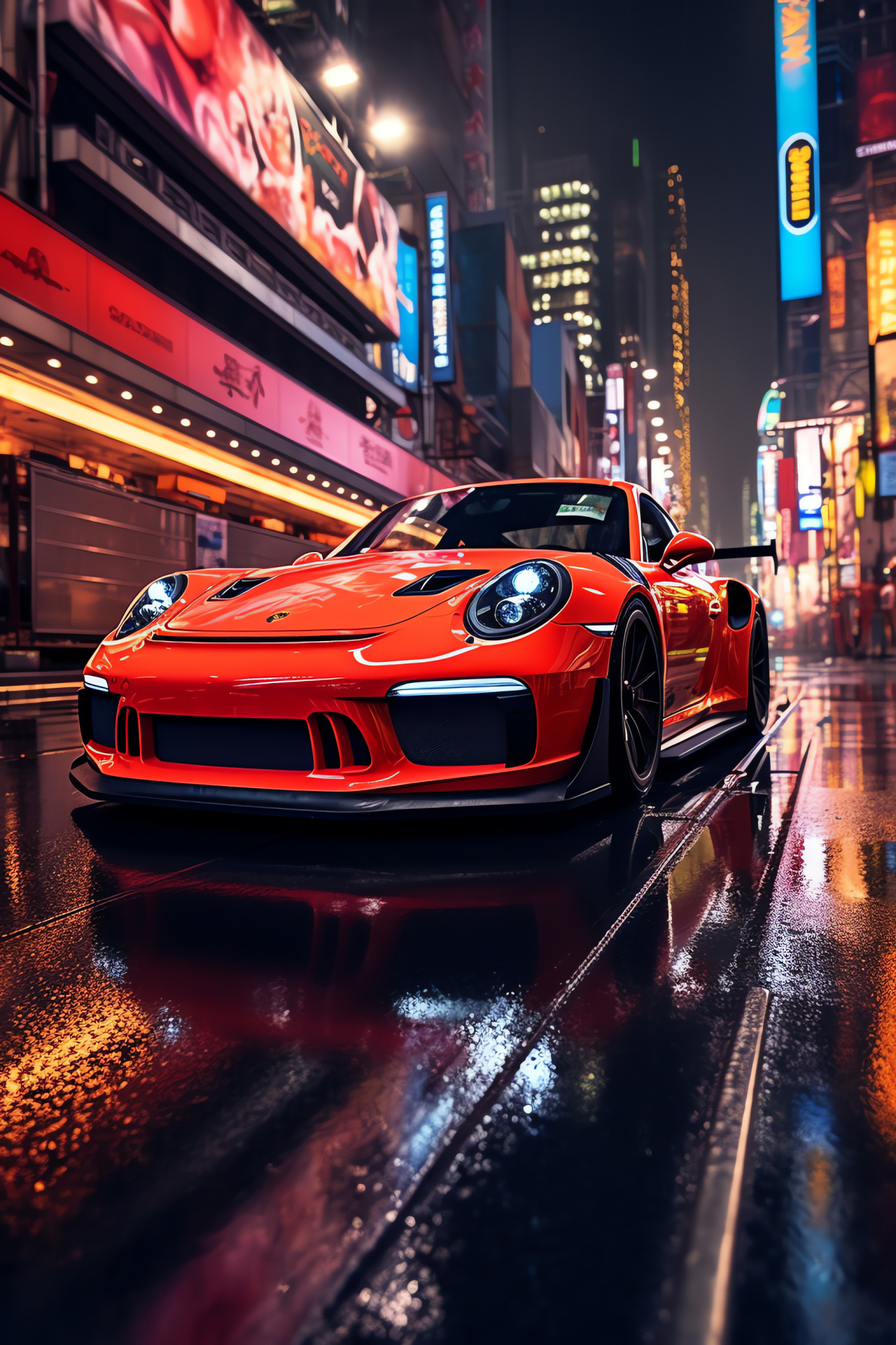 Porsche GT3 RS, Tokyo ambiance, Shibuya energy, Futuristic cityscape, Nighttime metropolis, HD Phone Wallpaper