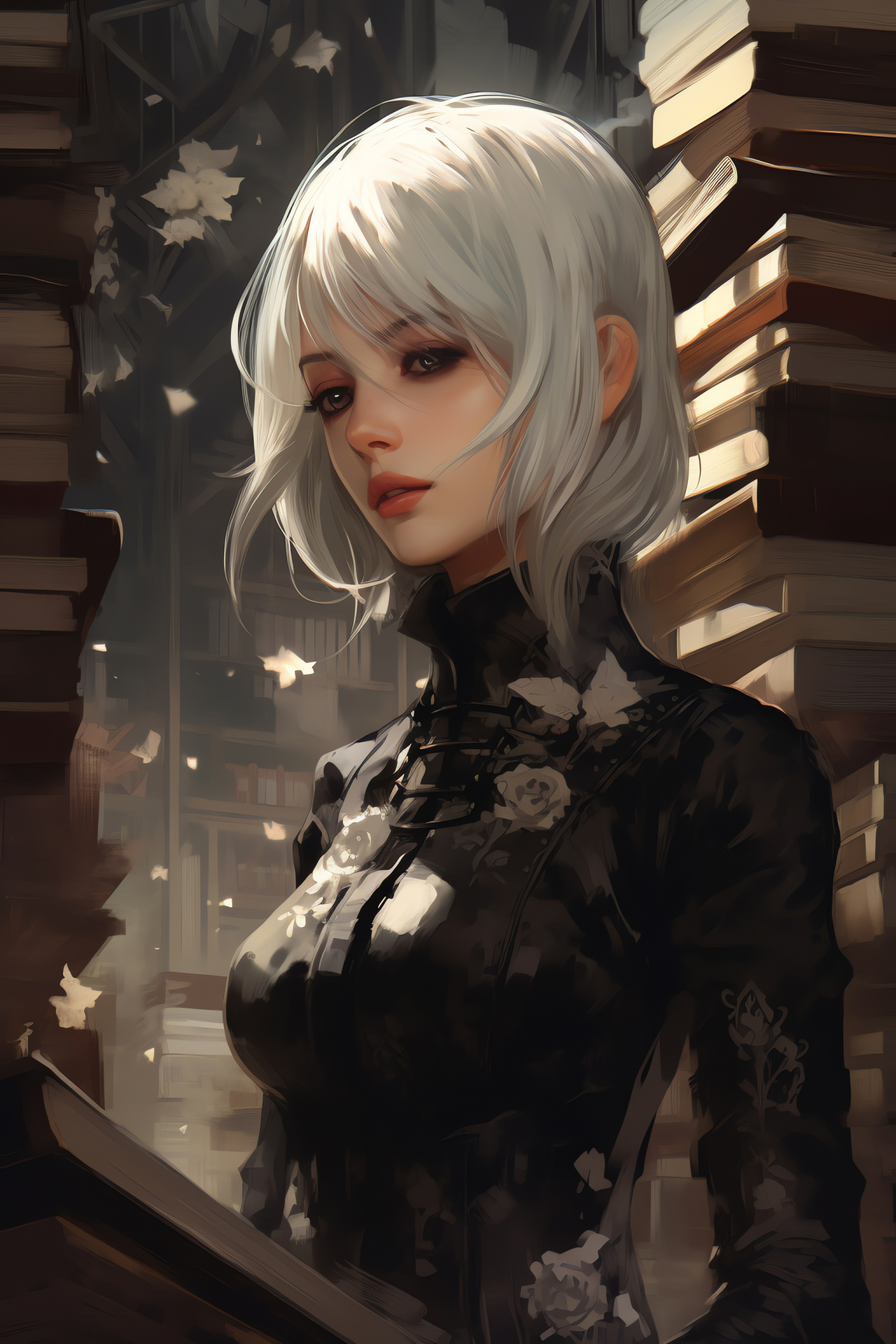 Nier Gestalt environment, extensive book repository, protagonist 9S character, search for arcane truths, post-apocalyptic saga, HD Phone Wallpaper