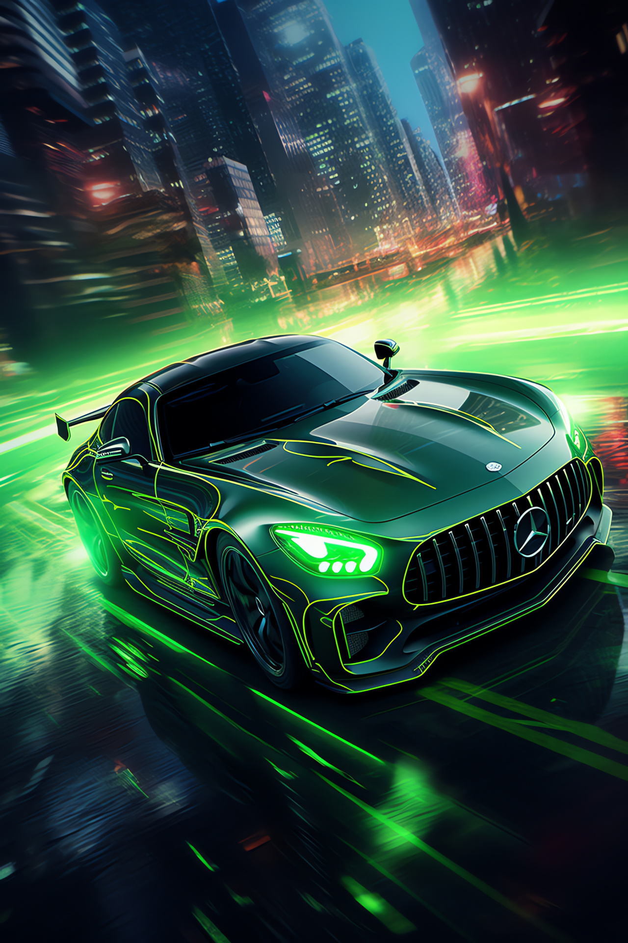 Mercedes-AMG green, Hypercar appearance, Future skyline, Aerial city lights, Performance green, HD Phone Image