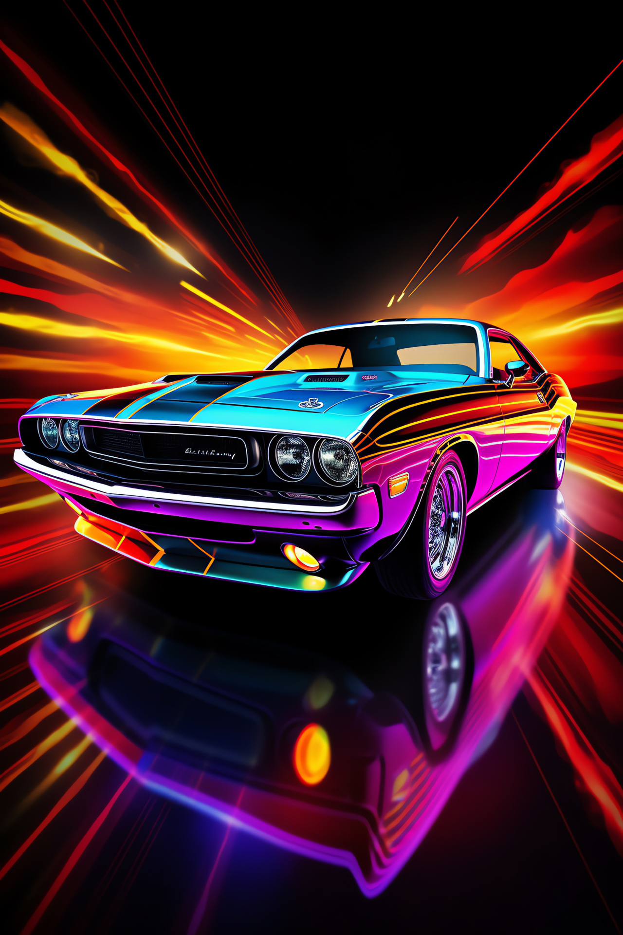 Neon glow muscle, Urban illumination, Automobile artistry, Sleek lines depicted, Nightlife essence, HD Phone Image