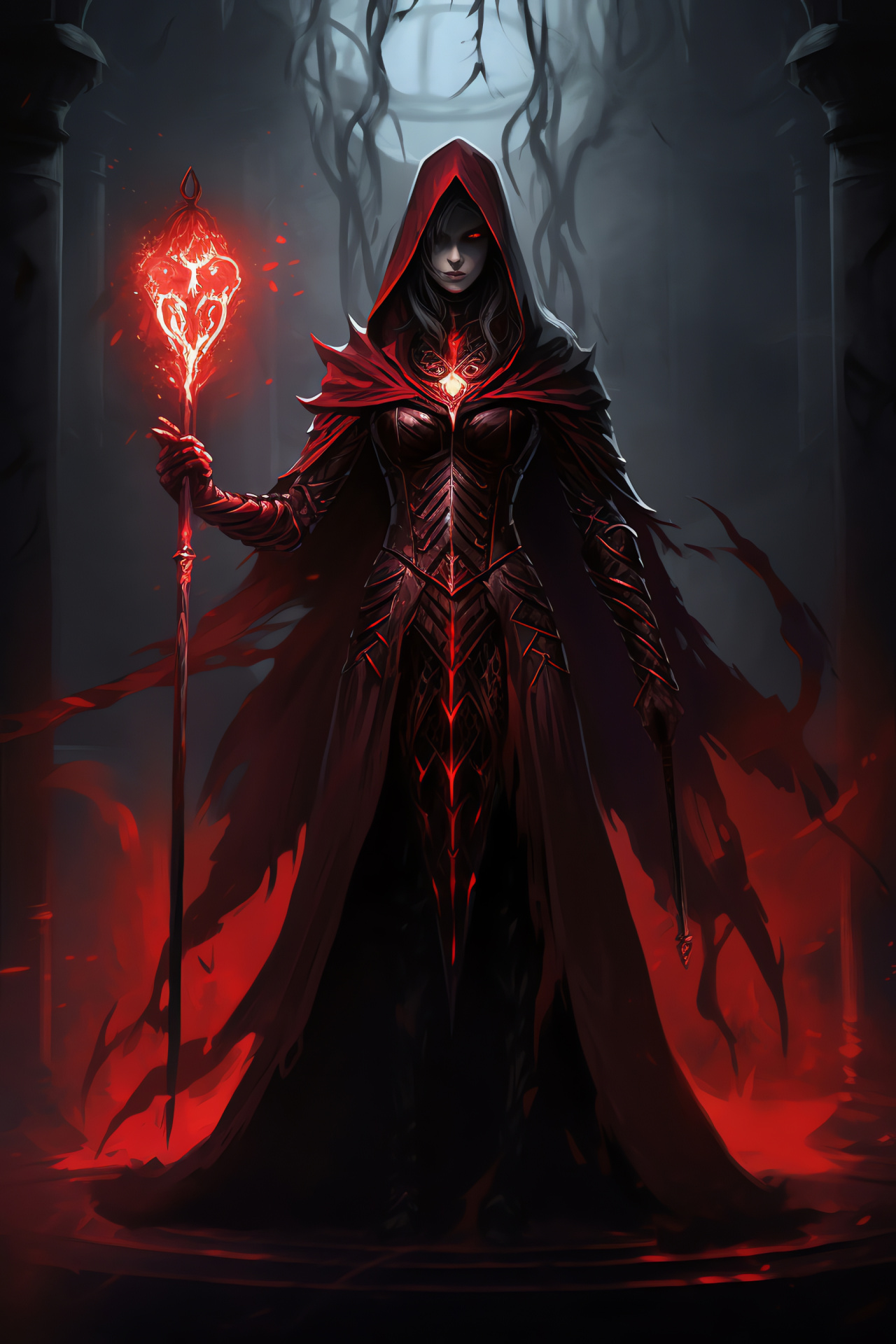 Game entity Necromancer, Character named Valeria, Intense red gaze, Tall stature, Poised appearance, HD Phone Wallpaper