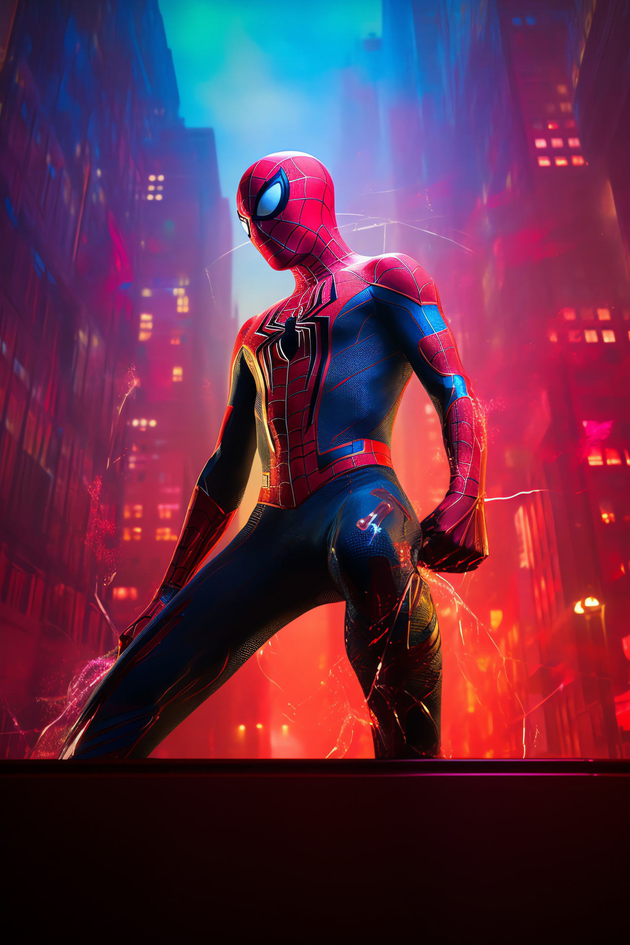 Spider-Man Marvel saga, perching pose, city vantage point, intense superhero look, HD Phone Wallpaper