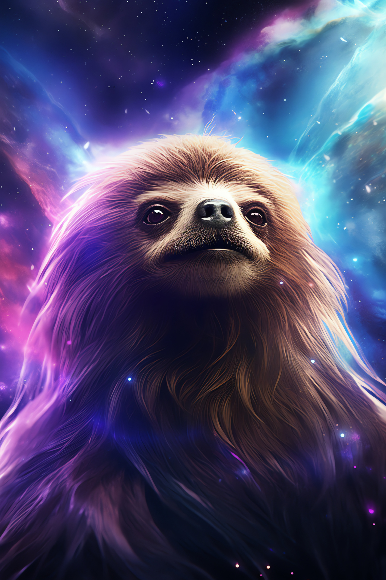 Astronomical Sloth creature, Eyes like violet gems, Indigo furred Sloth, Velvety cosmic fur, Galaxies backdrop motif, HD Phone Image