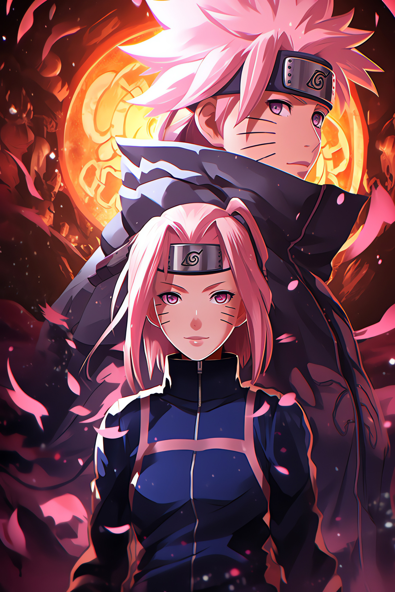 Naruto Uzumaki, Sakura Haruno, Sci-fi battleground, Amicable rivalry, Cherry blossom counterpart, HD Phone Wallpaper