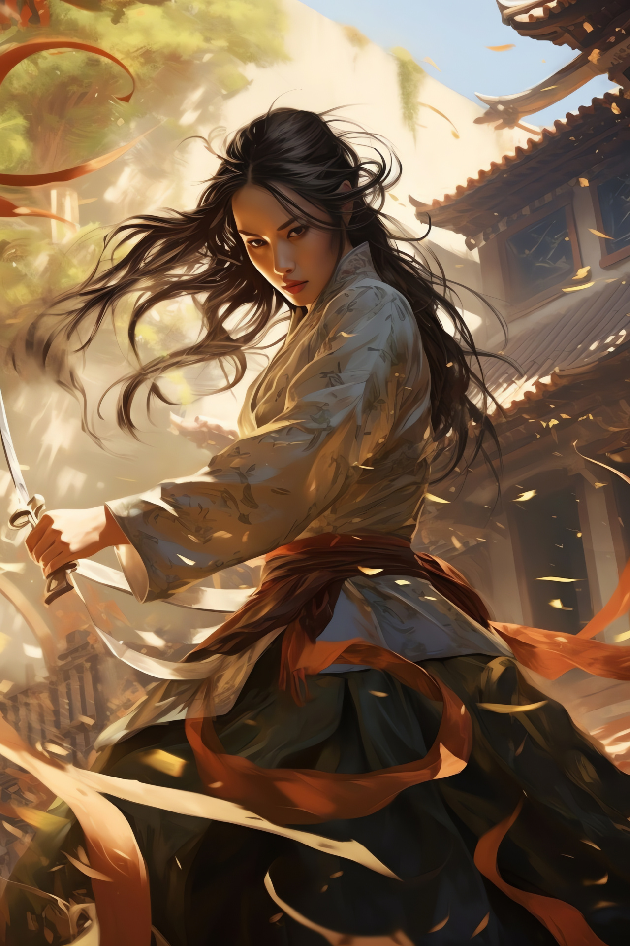 Swordswoman Xiu in action, Mulan movie sequence, Skilled martial combat, Duel of fate, Exhilarating moment, HD Phone Wallpaper