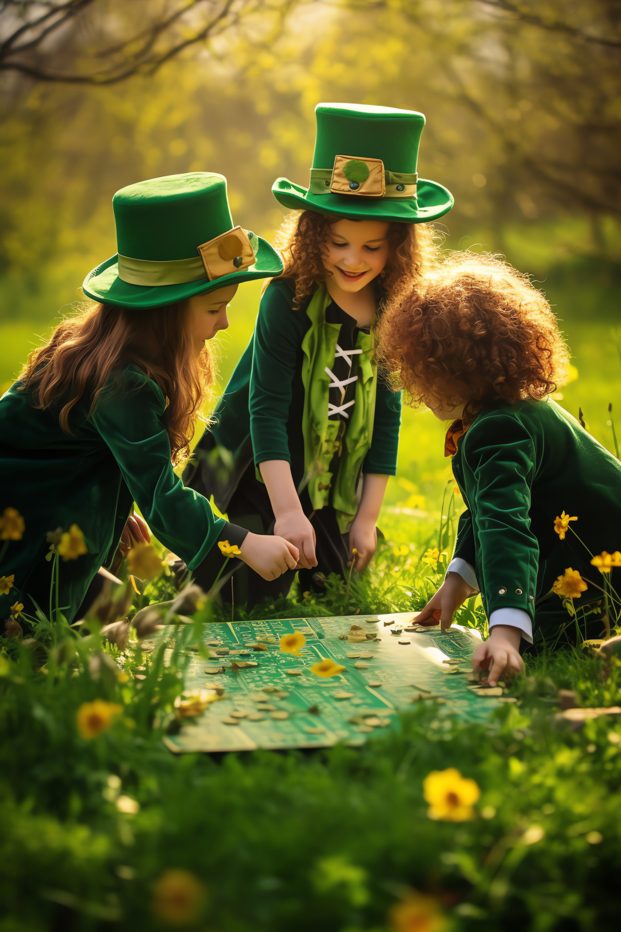 Saint Patrick's Day jubilation, Children in celebration, Vibrant green attire, Oversized headgear, Shamrock symbol, HD Phone Image