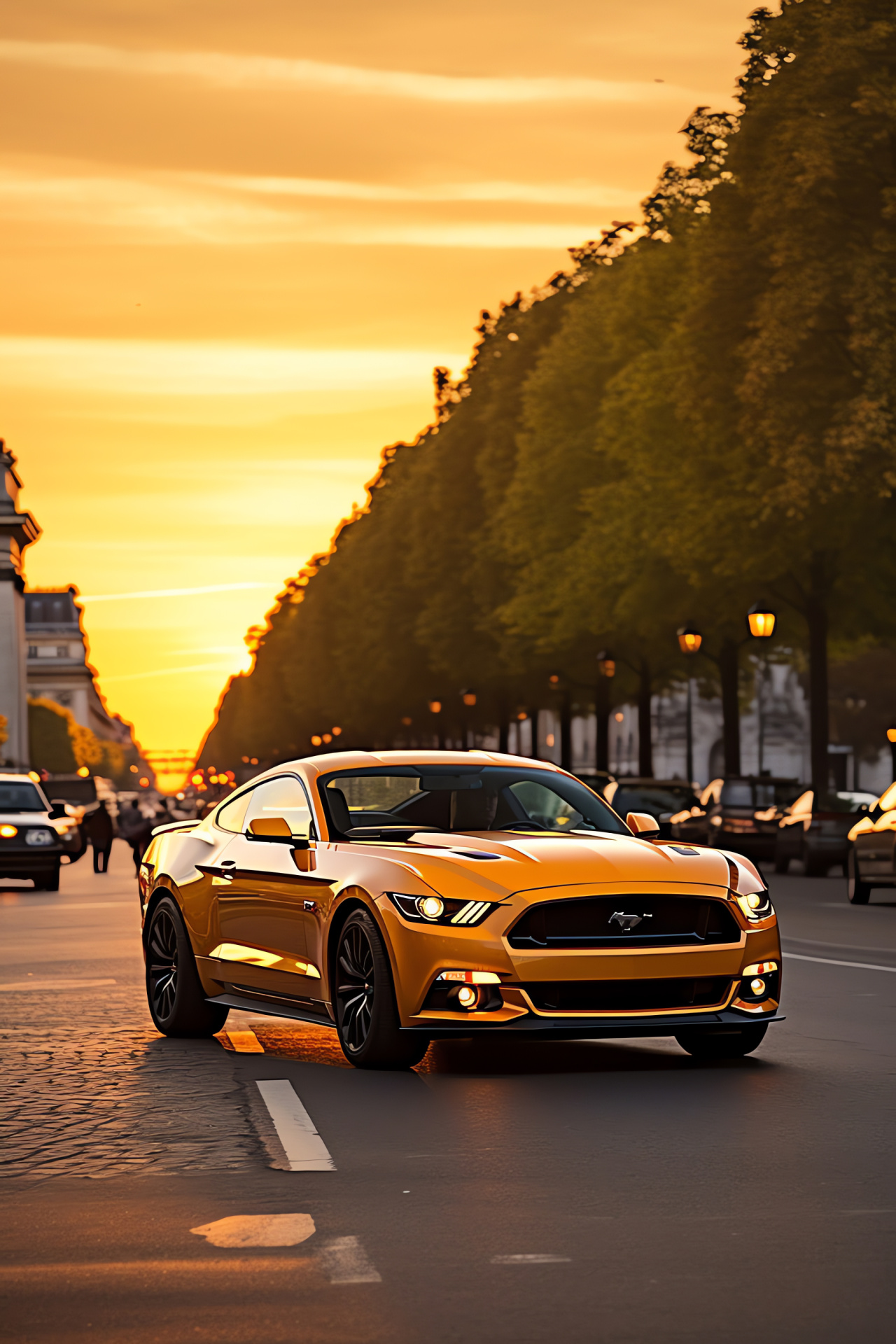 Ford Mustang, Parisian streets, French capital, Architectural grandeur, Fashionable transportation, HD Phone Wallpaper