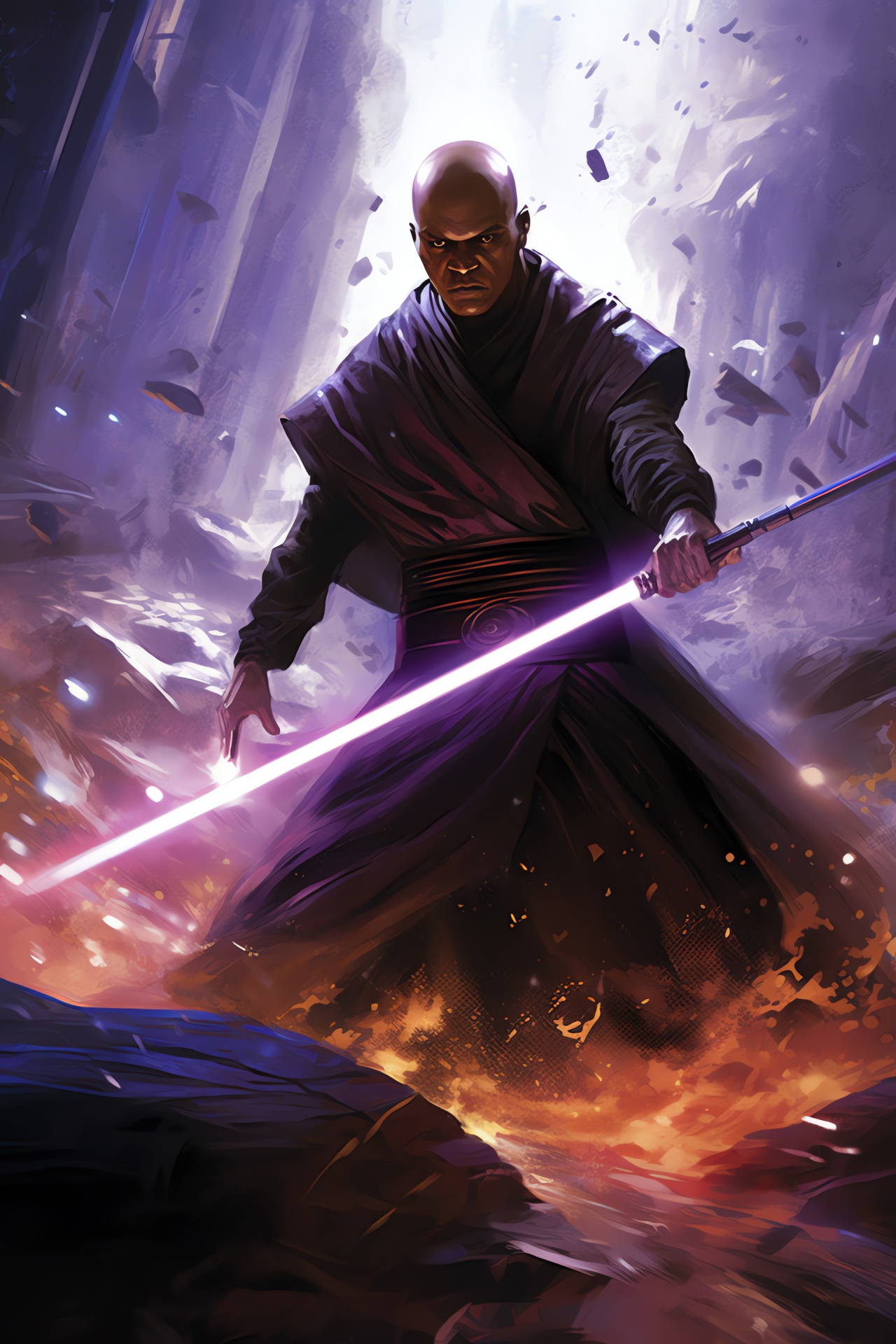 Mace Windu in action, Star Wars prequels, Samuel L. Jackson, Cinematic combat, Sci-fi legacy, HD Phone Wallpaper