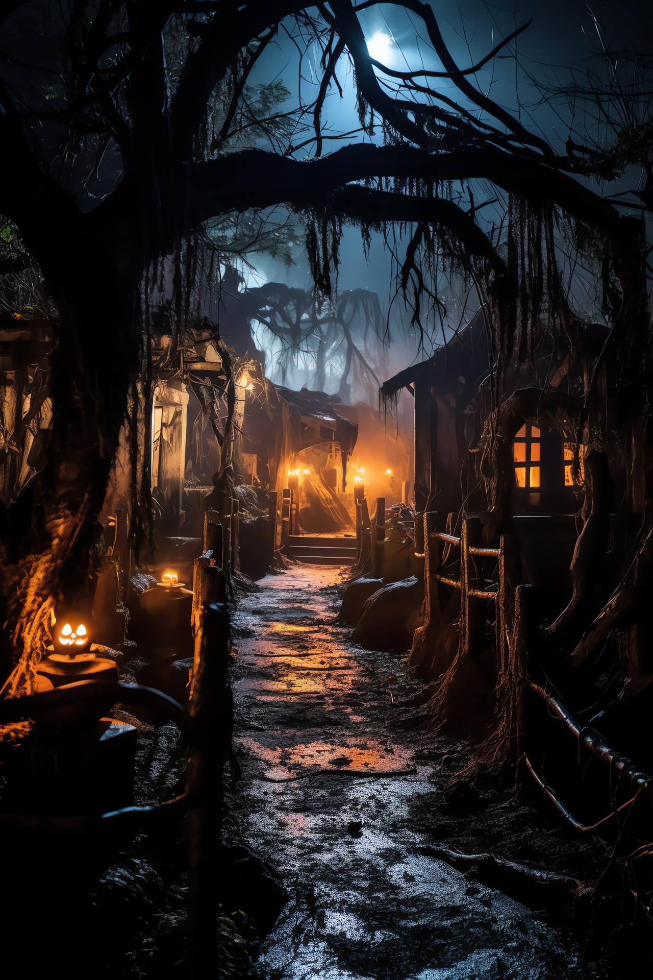 Halloween maze mystery, thrill park adventure, dim lantern passageways, creepy art corridors, spine-chilling ambiance, HD Phone Wallpaper