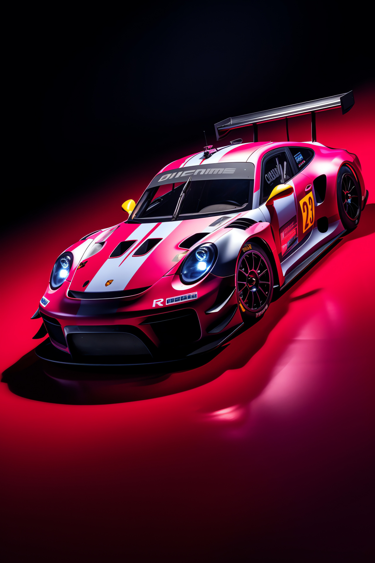 Porsche GT3 R, Racing red finish, Motorsport-inspired design, Tri-color backdrop, Performance vehicle, HD Phone Wallpaper