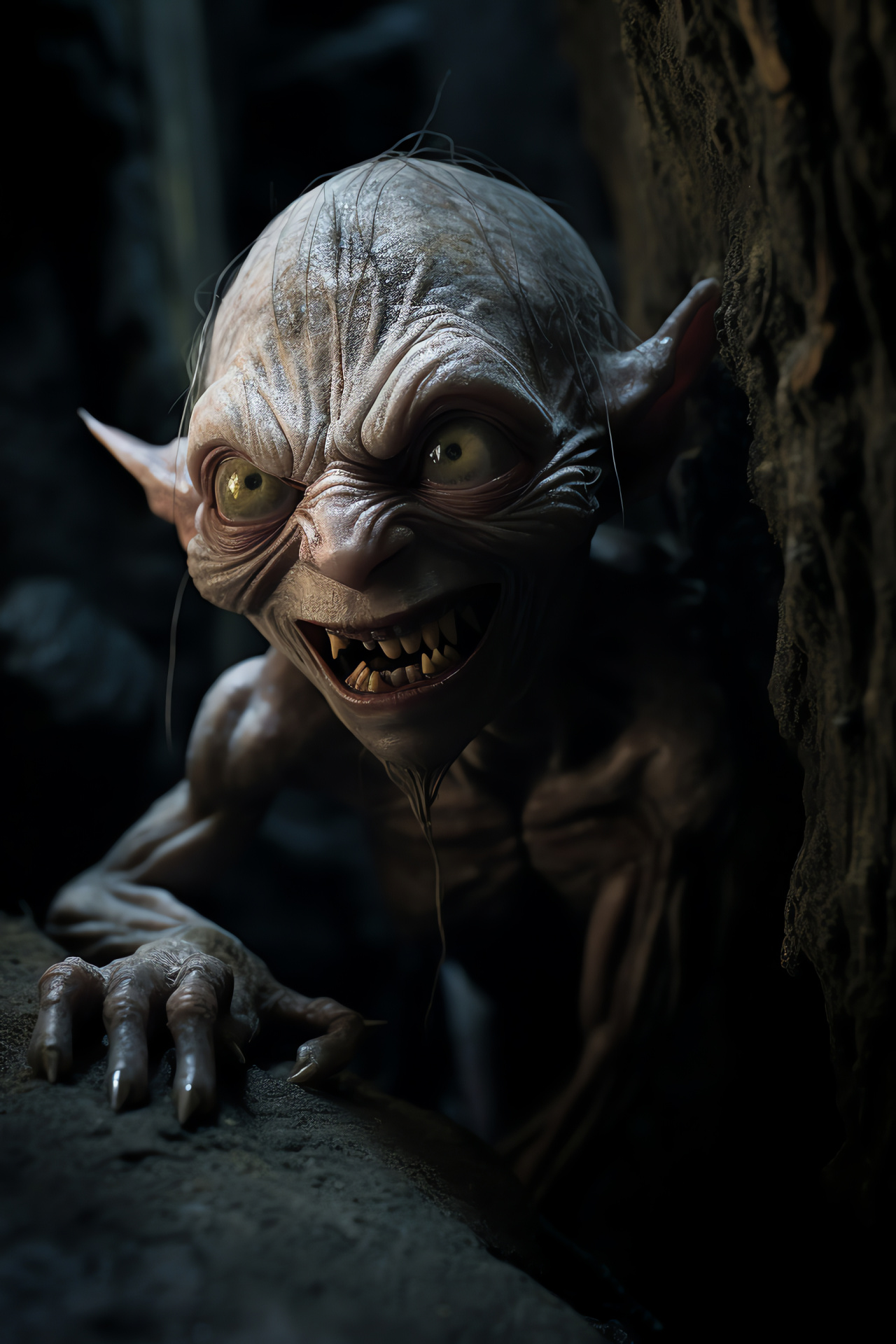 Smeagol character, underground lair habitat, Gollum deformity, emaciated figure, oppressive shadows, HD Phone Wallpaper