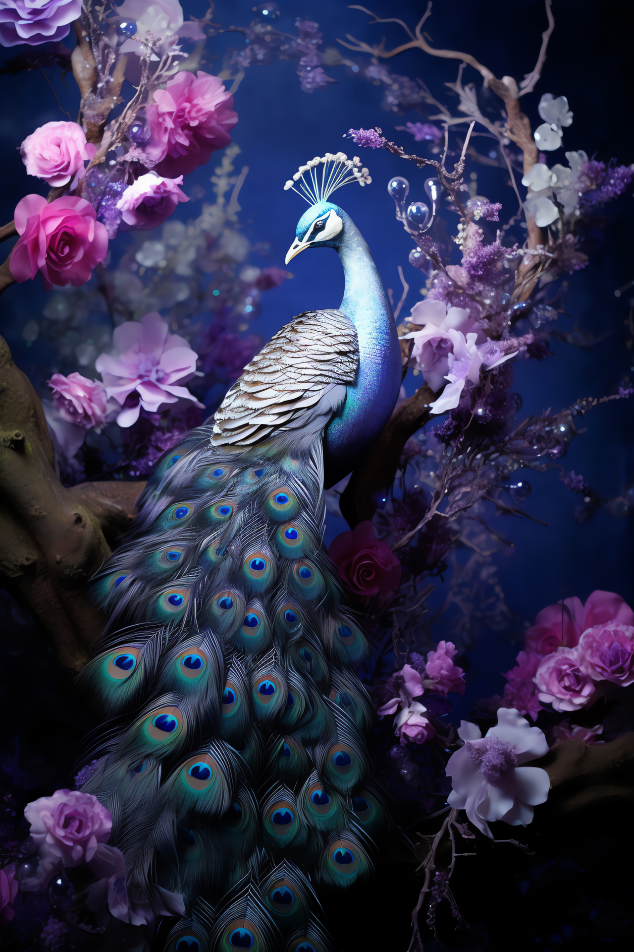 Peafowl plumage brilliance, nocturnal shimmer, display feathers, courtship dance, ornithological splendor, HD Phone Image