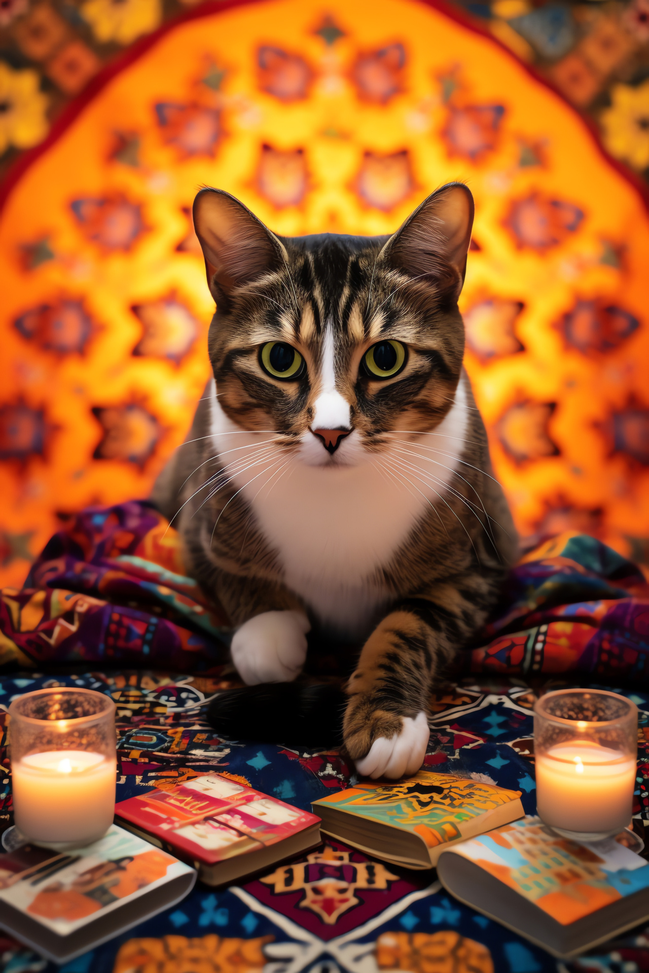 Tortoiseshell cat, Amber-eyed pet, Cozy home scene, Literary relaxation, Abstract interior design, HD Phone Image
