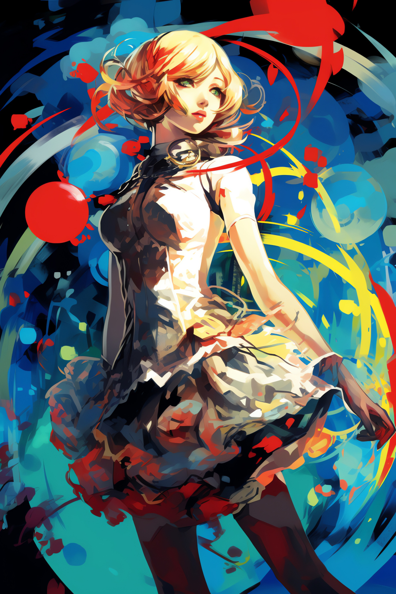 Persona 3 Aigis character, futuristic lantern design, triple-color backdrop art, swirling lines effect, HD Phone Wallpaper