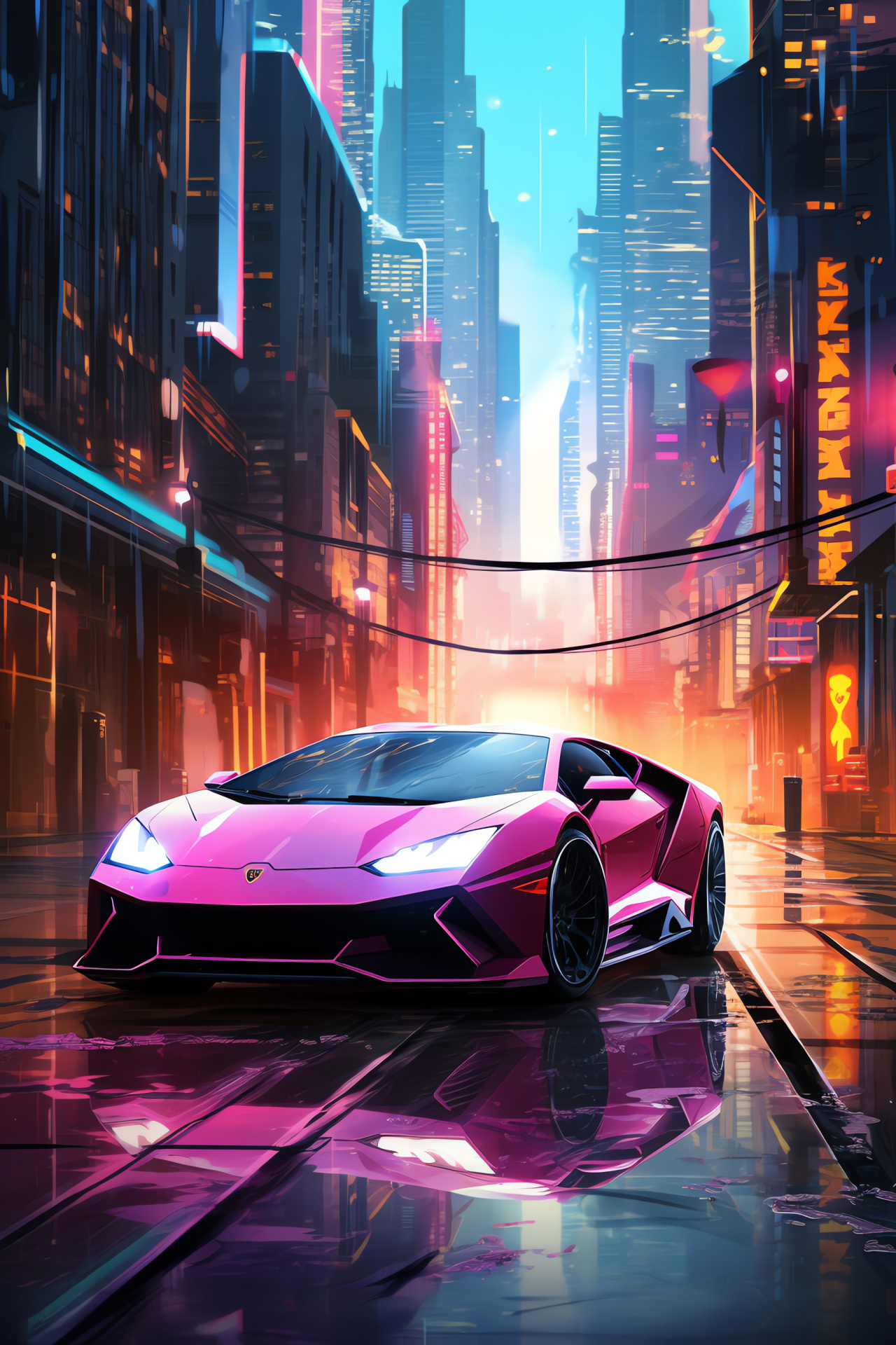 New Lamborghini, Neon Artwork, Cyberpunk genre, Futuristic city depiction, Striking artistic detail, HD Phone Image