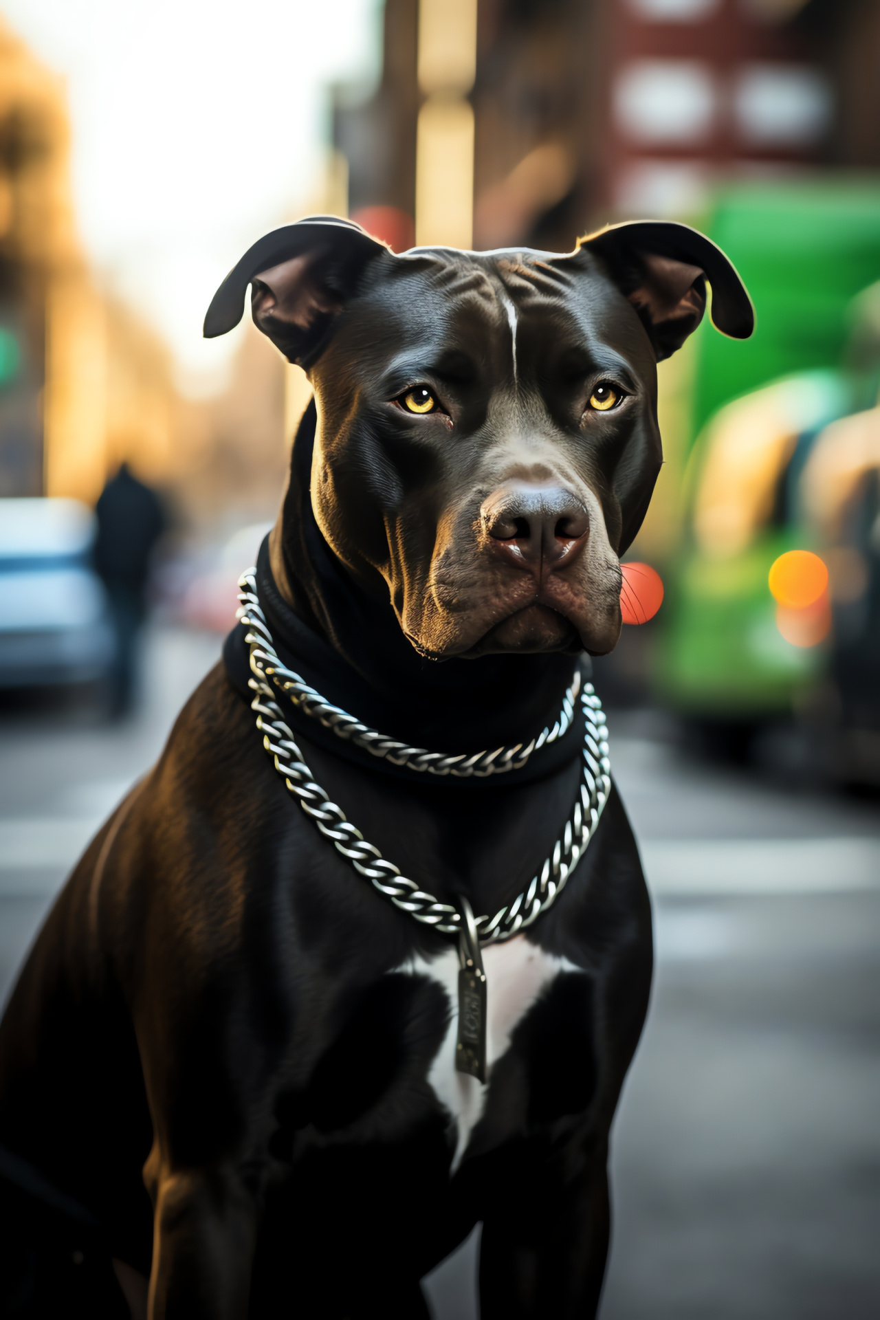 Pit Bull terrier, black coat with white marking, captivating green eyes, muscular stature, watchful profile, HD Phone Wallpaper