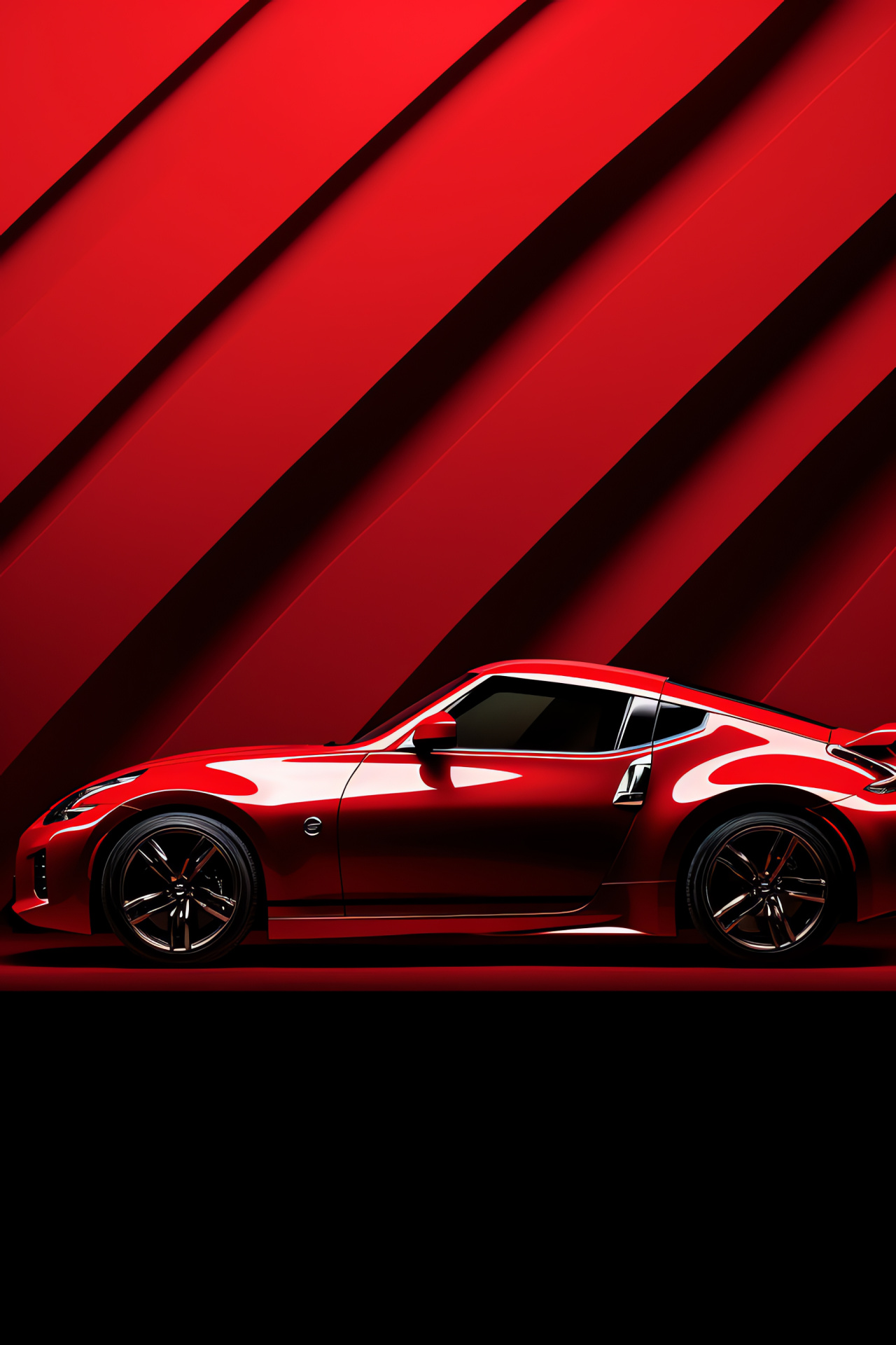 Nissan 370Z side perspective, Monochromatic red shade, Energetic styling, Luminous contour highlights, Coupe form, HD Phone Wallpaper