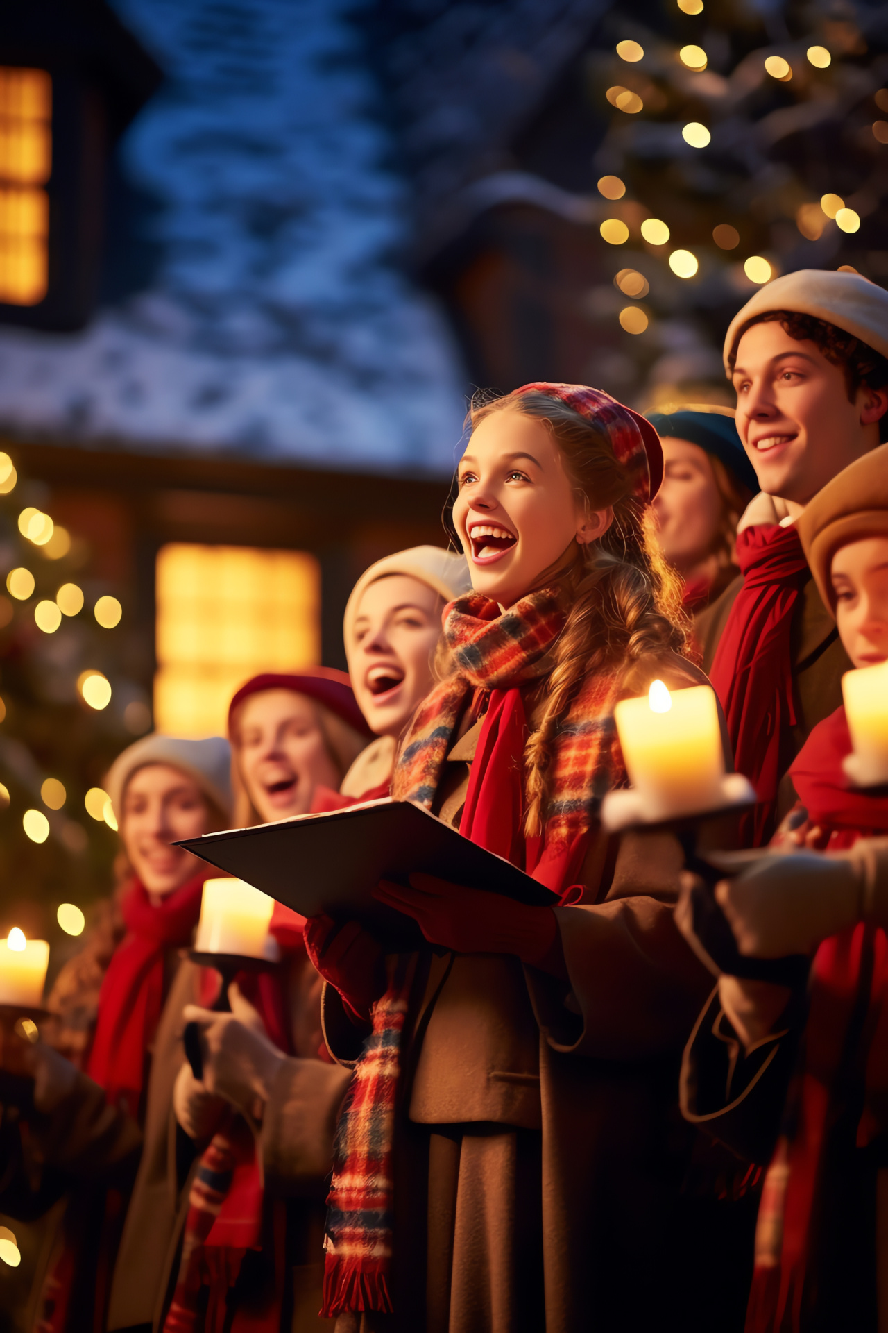 Holiday carolers, Nocturnal serenade, Illuminated facade, Victorian dress ensemble, Melodic tradition, HD Phone Wallpaper