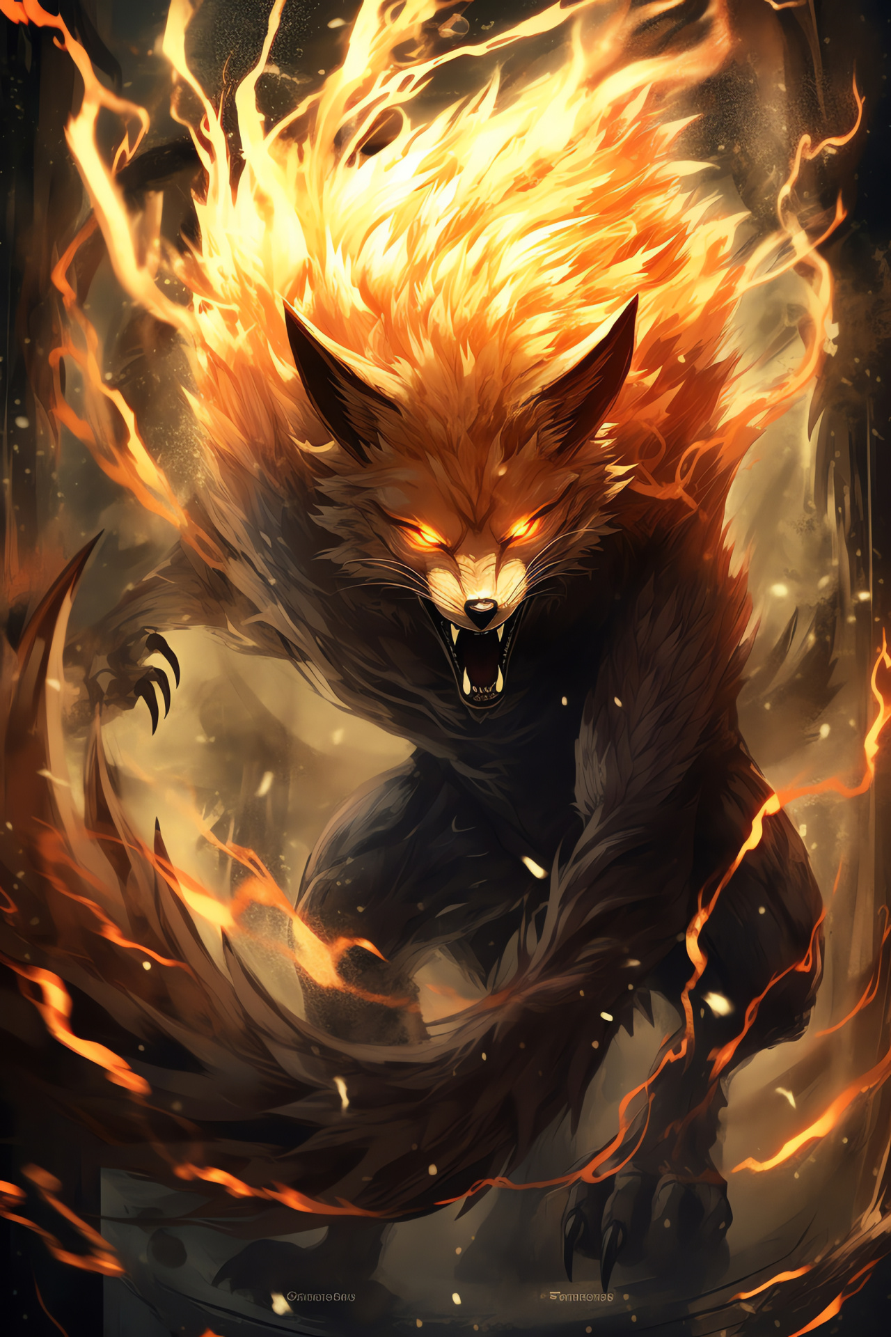 Naruto series, Nine-Tails beast, Epic confrontation, Shadowy ambience, Dominant adversary, HD Phone Image