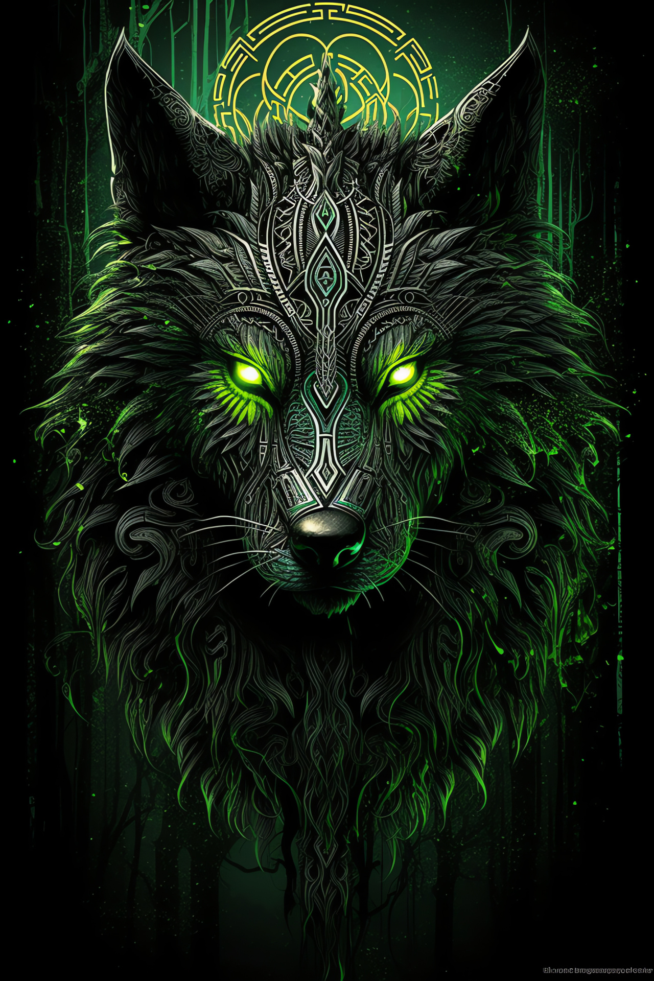 Wolf depiction, Emerald eyes, Black fur, Tribal design, Canine beast, HD Phone Image