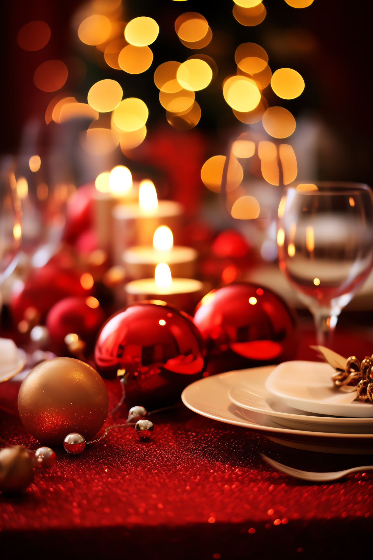 Festive banquet setup, Christmas meal, Holiday linen, Decorative dinner table, Illuminated celebration, HD Phone Image