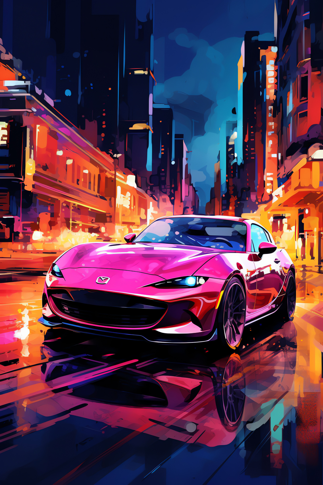 Mazda RX8 model, Retro metropolitan skyline, Unique urban perspective, City neon illumination, Reflective car finish, HD Phone Wallpaper