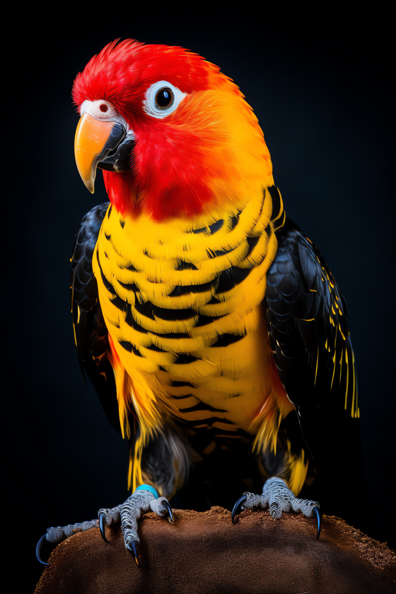 Red parrot, Bold yellow highlights, Pure black background setting, Avian elegance, Feathered pose, HD Phone Wallpaper
