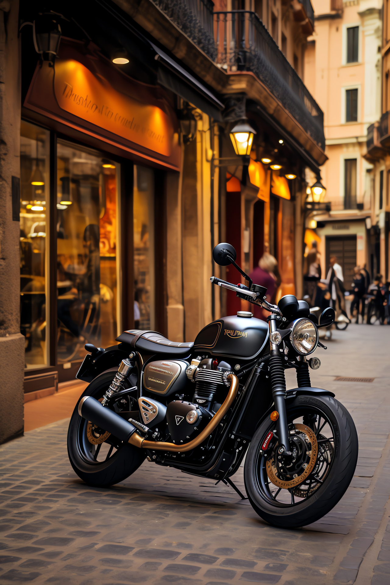 Triumph Bonneville motorcycle, Barcelona streets, Street Cup model, Cafe Racer aesthetics, Gothic Quarter locale, HD Phone Image